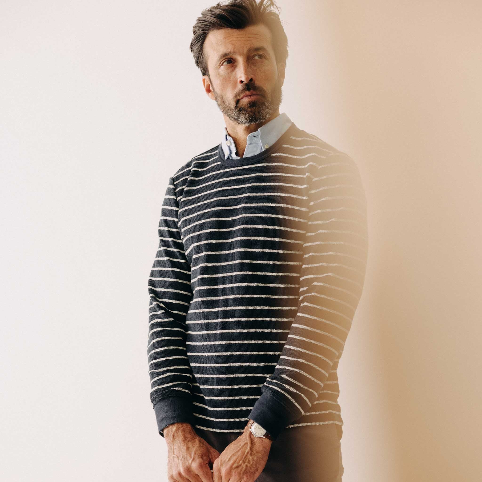 The Adams Crew in Dark Navy Stripe Reverse Terry - Image 2