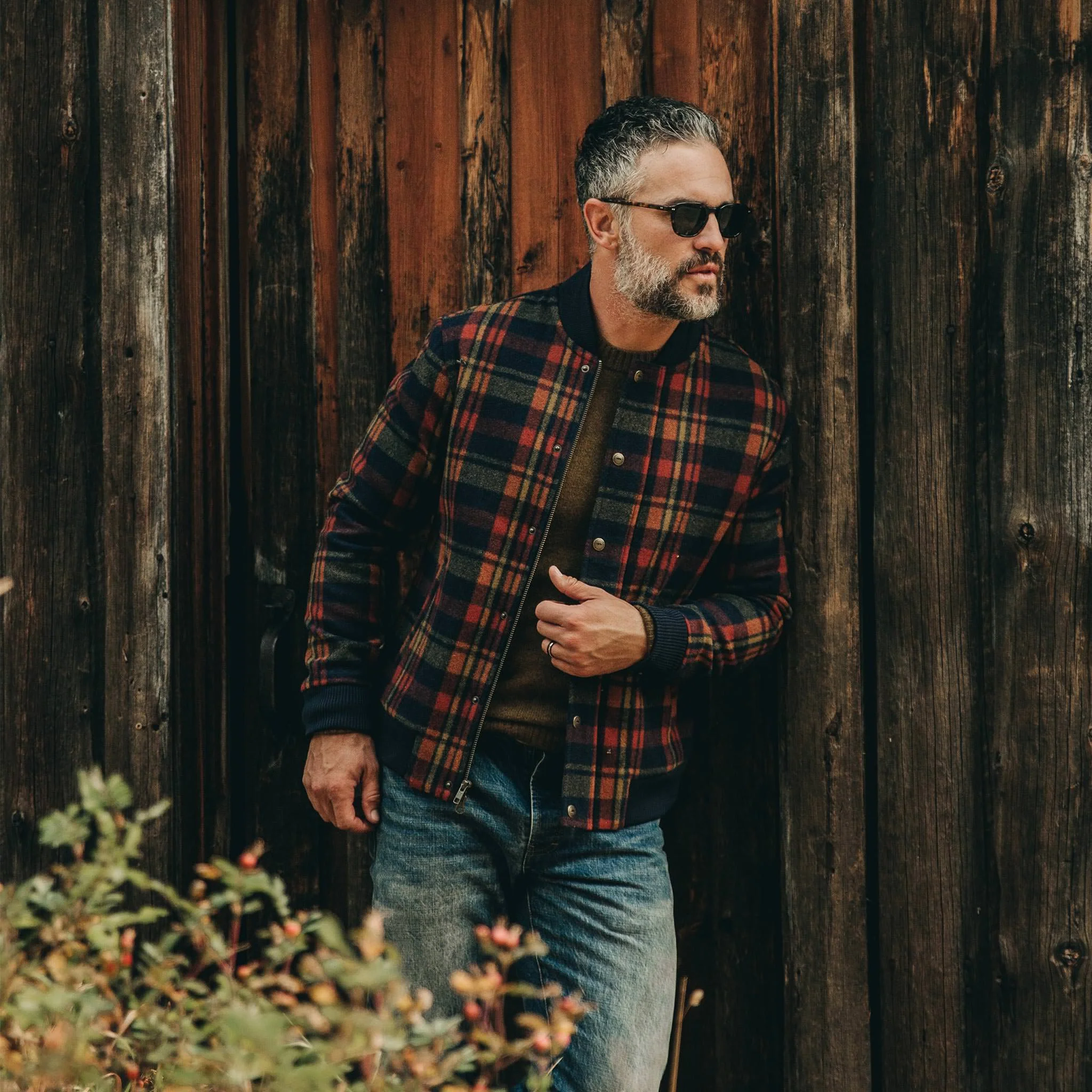 The Bomber Jacket in Navy Plaid Wool - Image 2