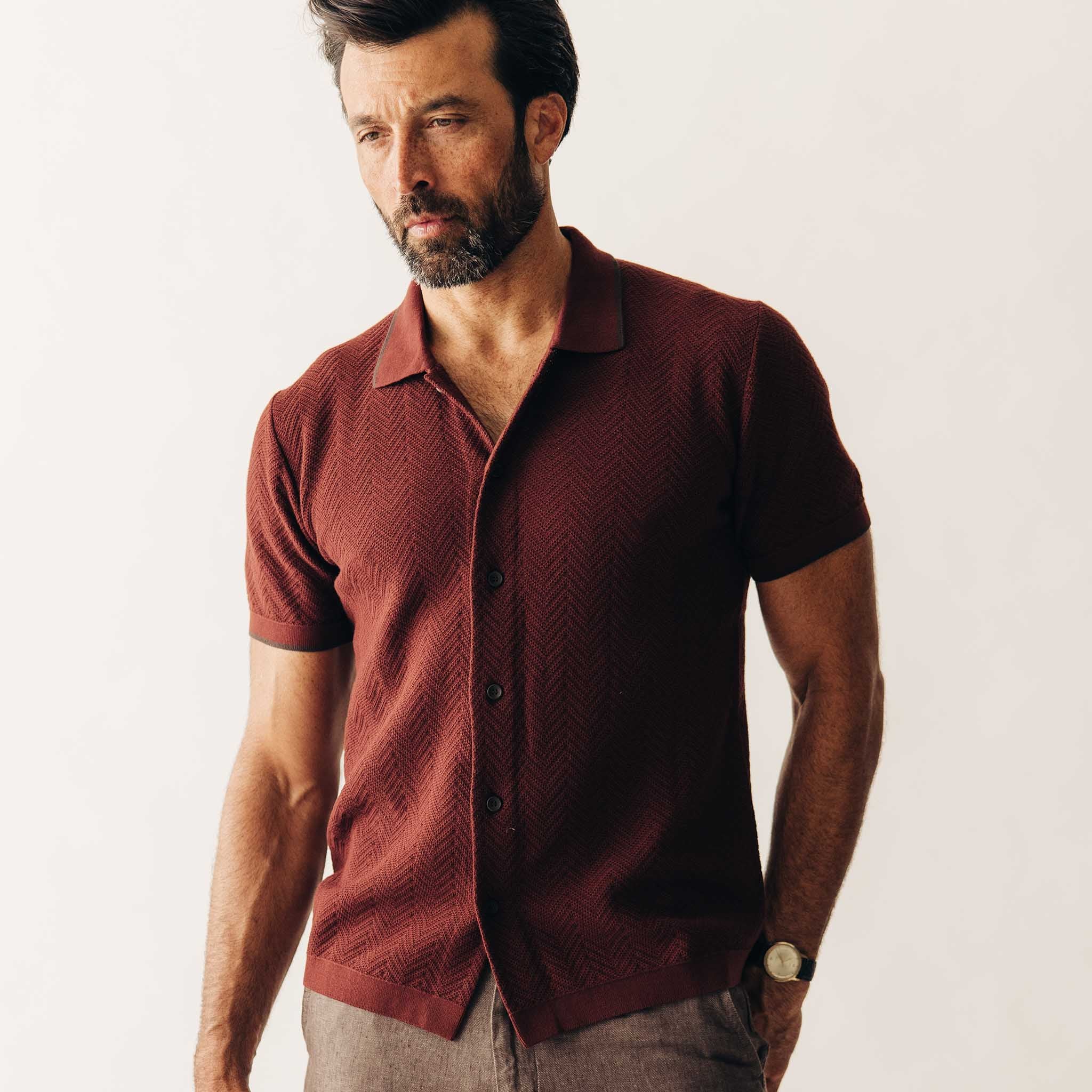The Button Down Polo in Dried Cherry Herringbone - Image 2