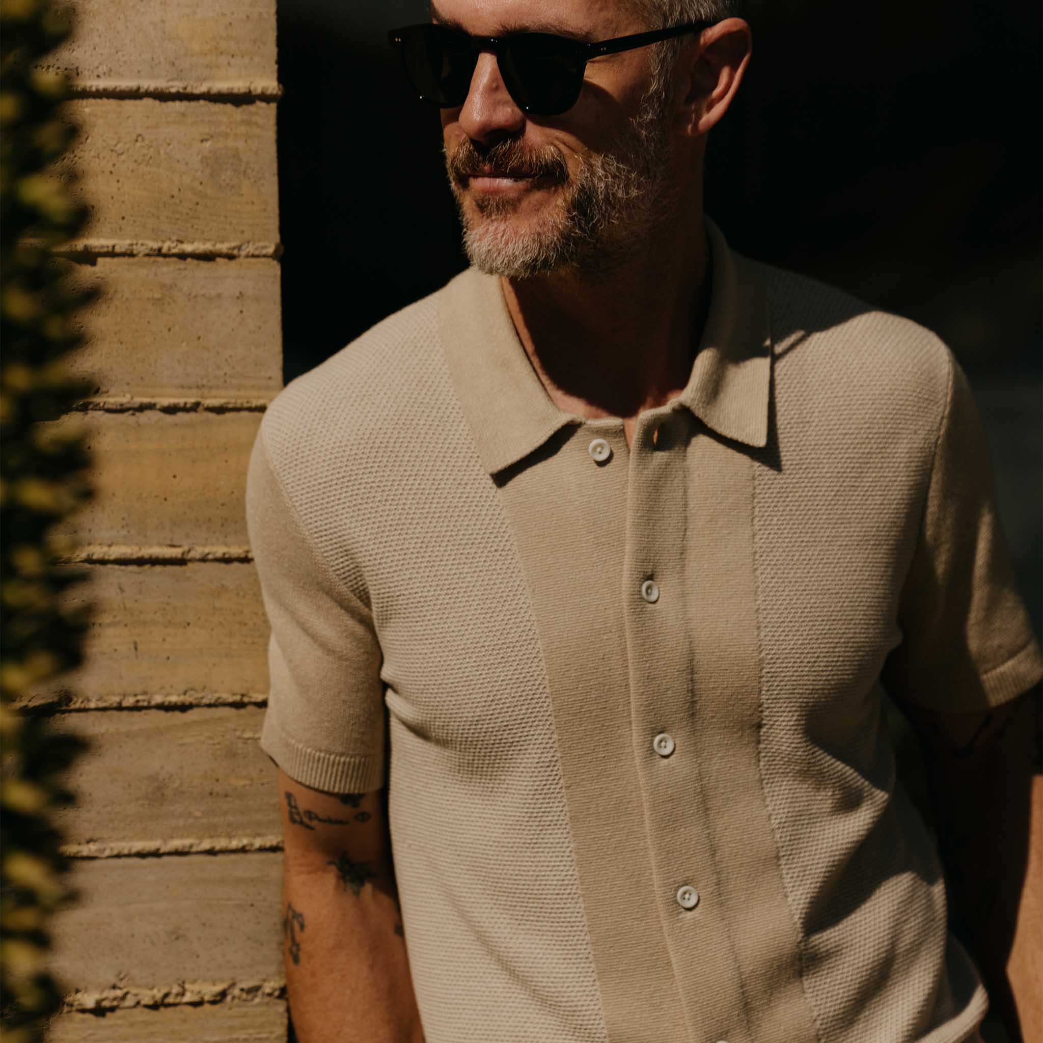 The Button Down Polo in Faded Khaki Seed Stitch - Image 3