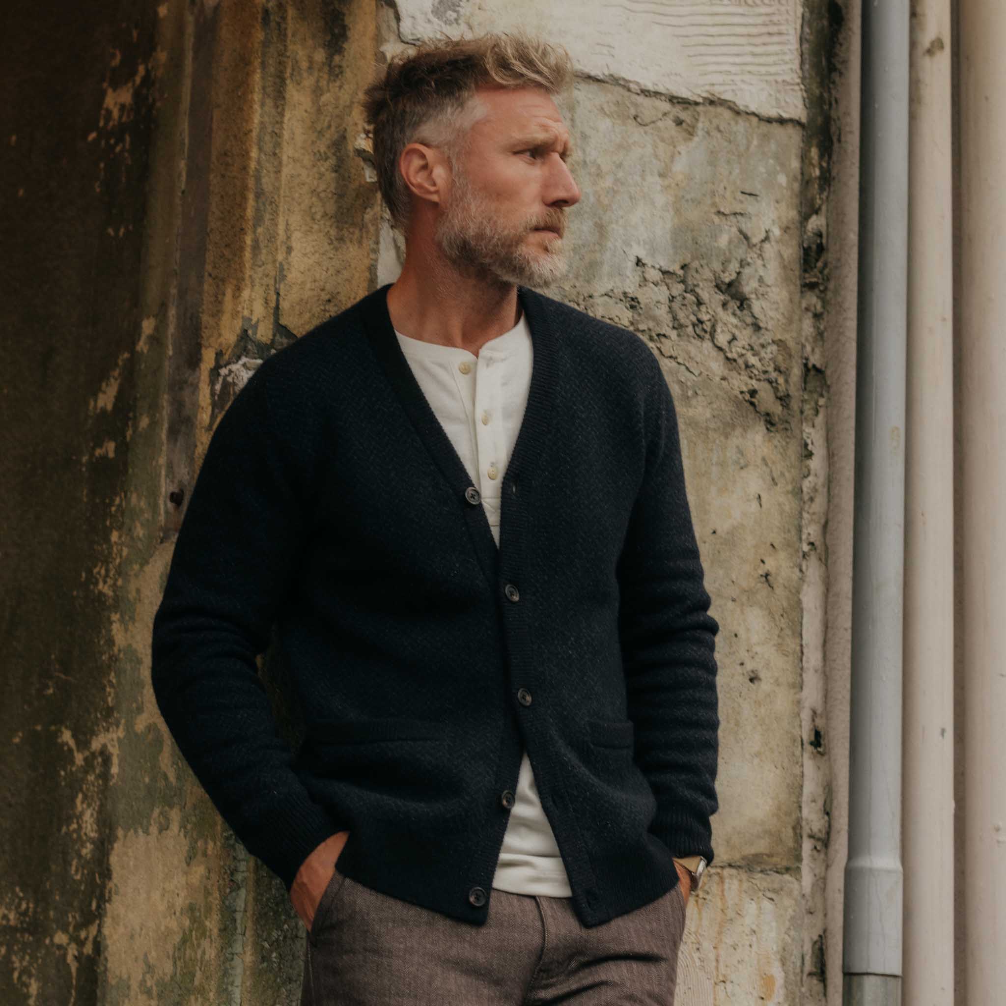 The Eddy Cardigan in Heather Marine Herringbone - Image 2