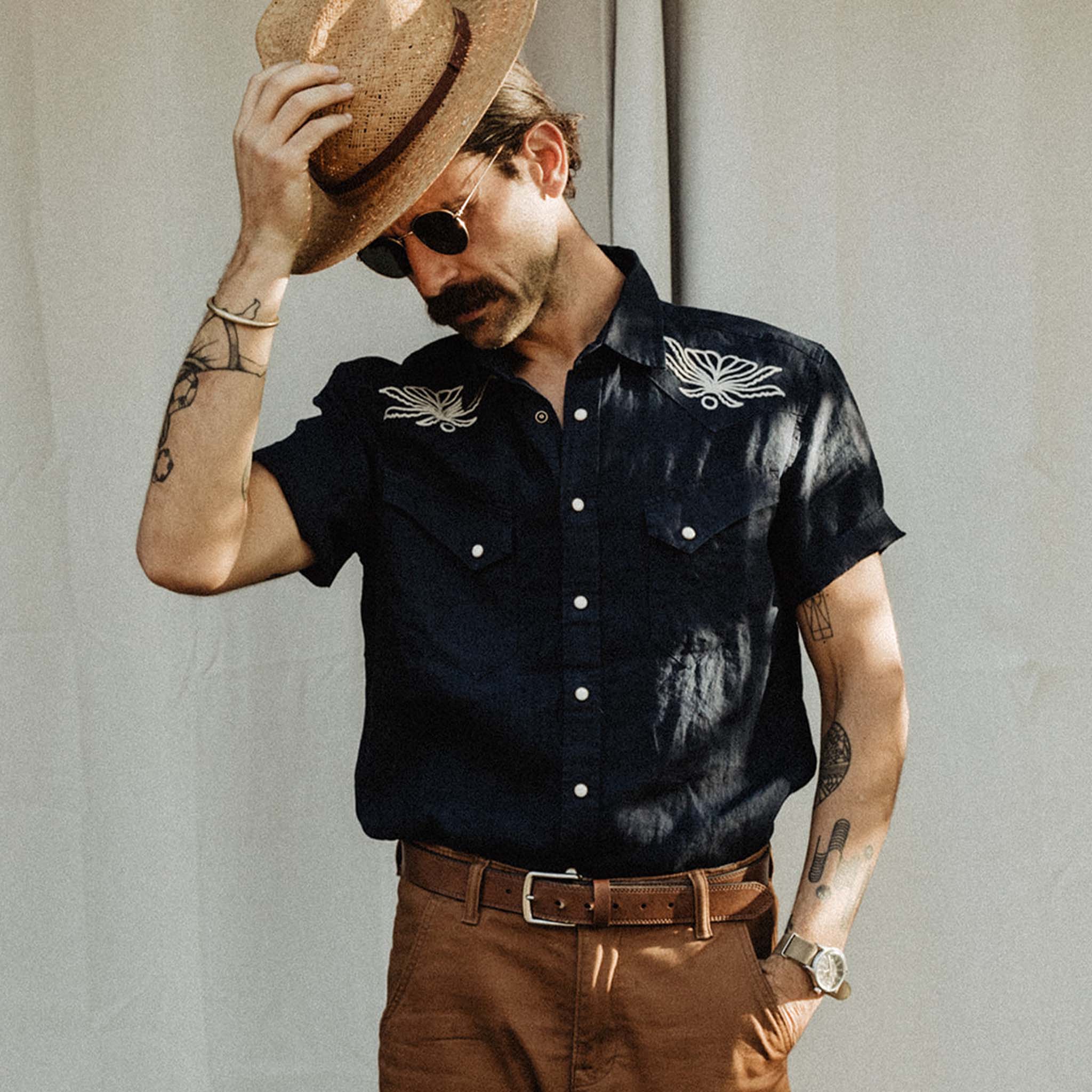 The Embroidered Short Sleeve Western in Indigo Linen - Image 2