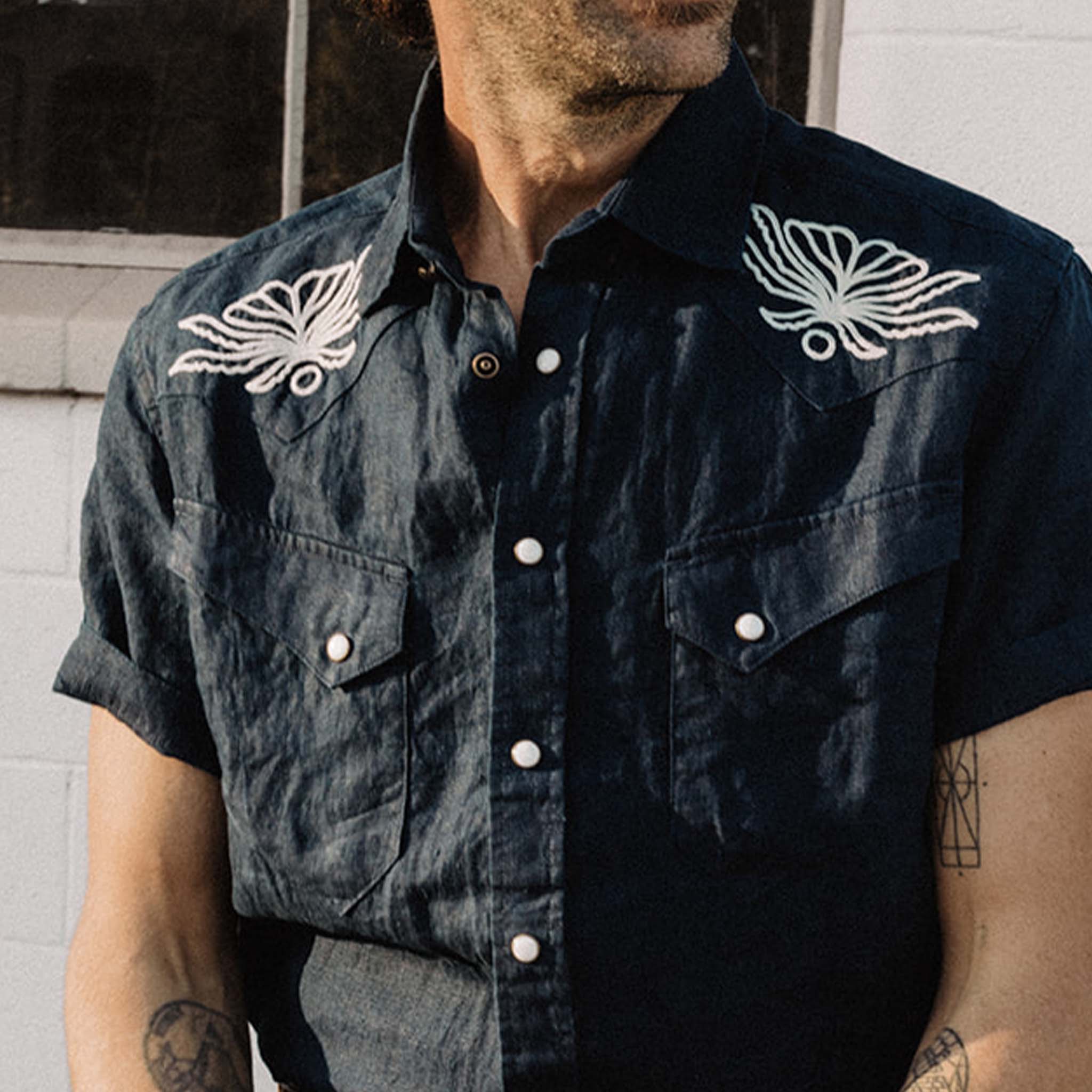 The Embroidered Short Sleeve Western in Indigo Linen - Image 3