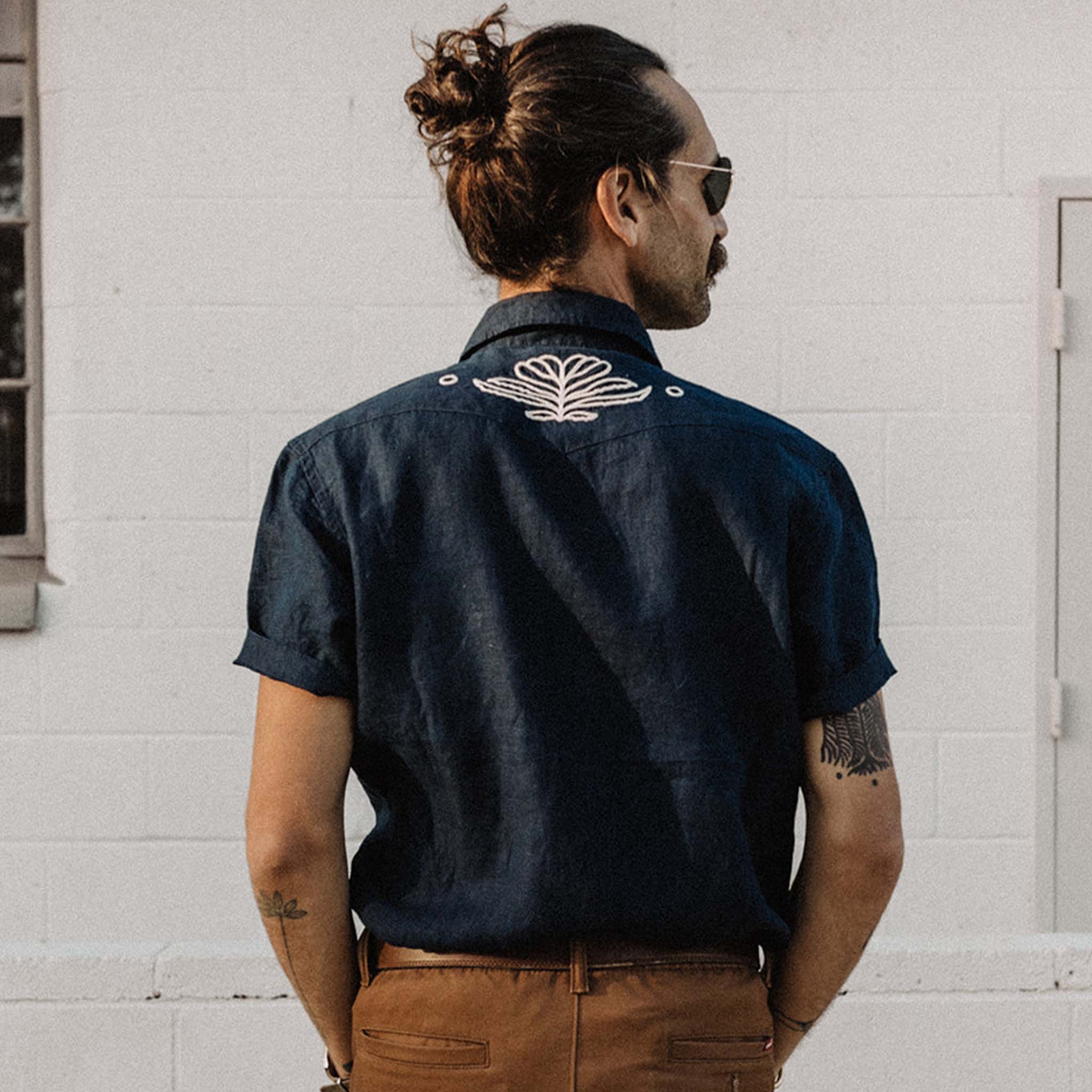 The Embroidered Short Sleeve Western in Indigo Linen - Image 4