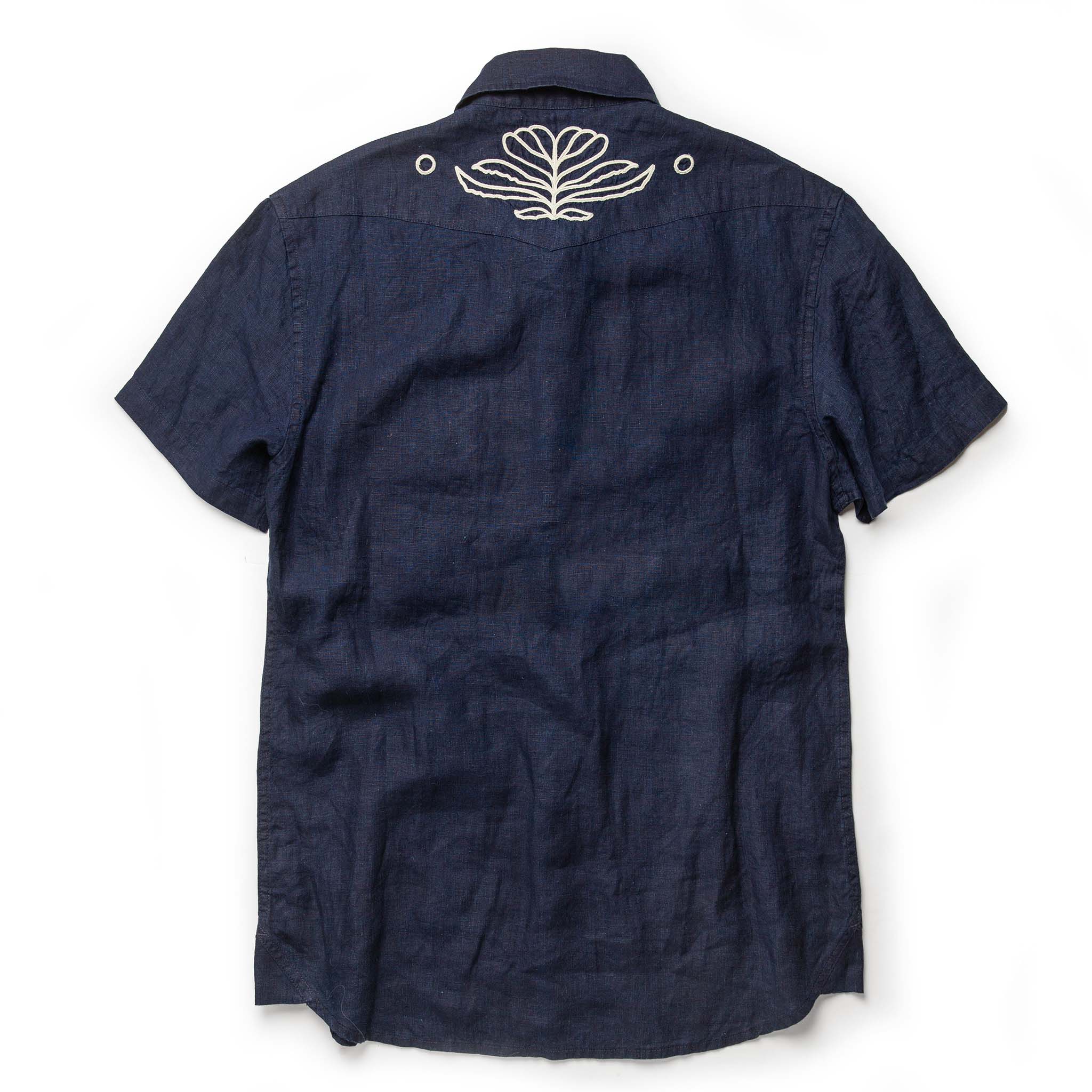 The Embroidered Short Sleeve Western in Indigo Linen - Image 9