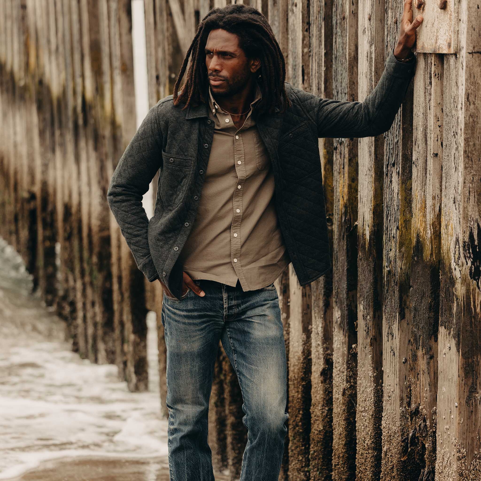 The Fall Line Overshirt in Heather Coal Quilted Jersey - Image 2