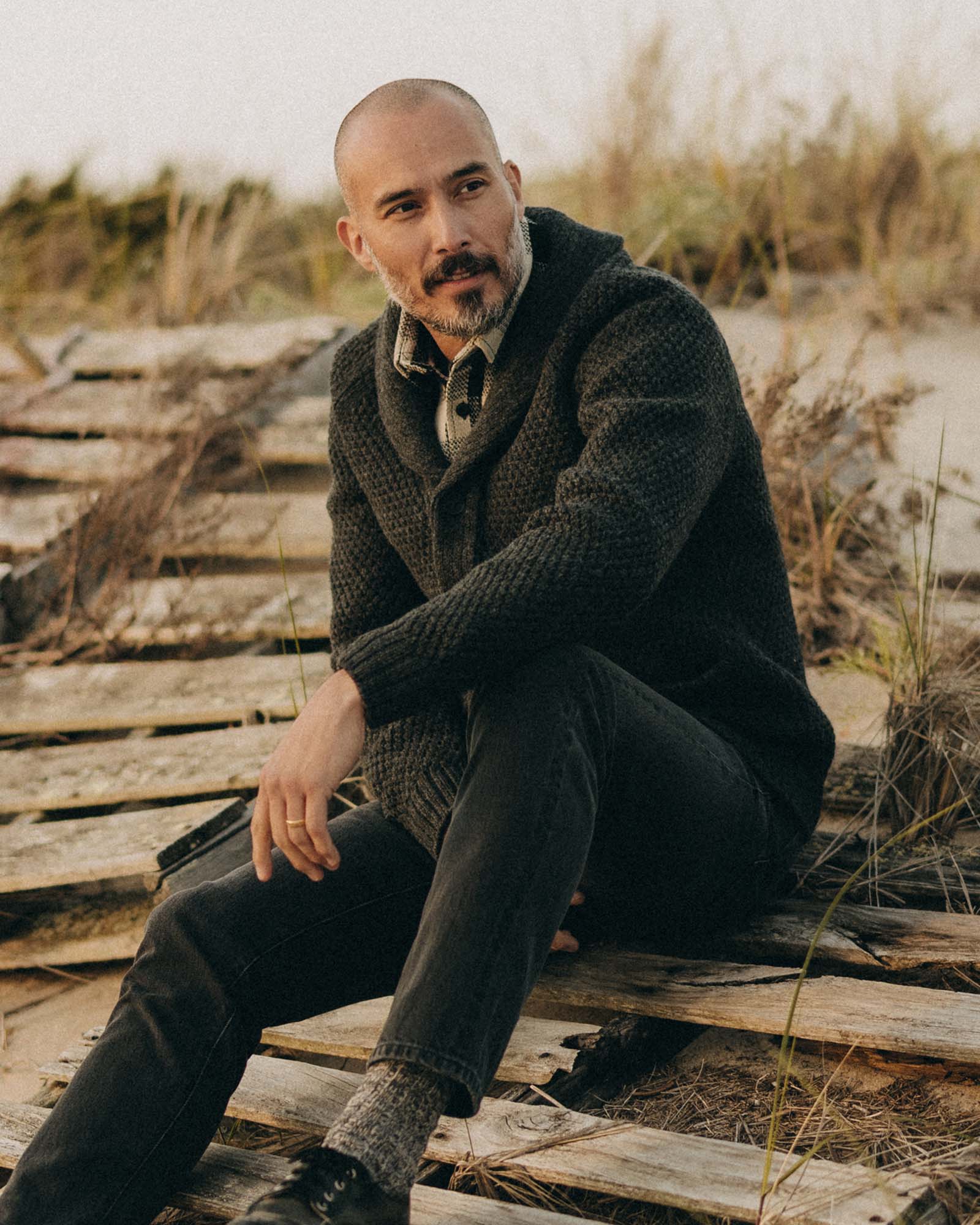 The Fisherman Shawl Cardigan in Heather Coal Merino - Image 2