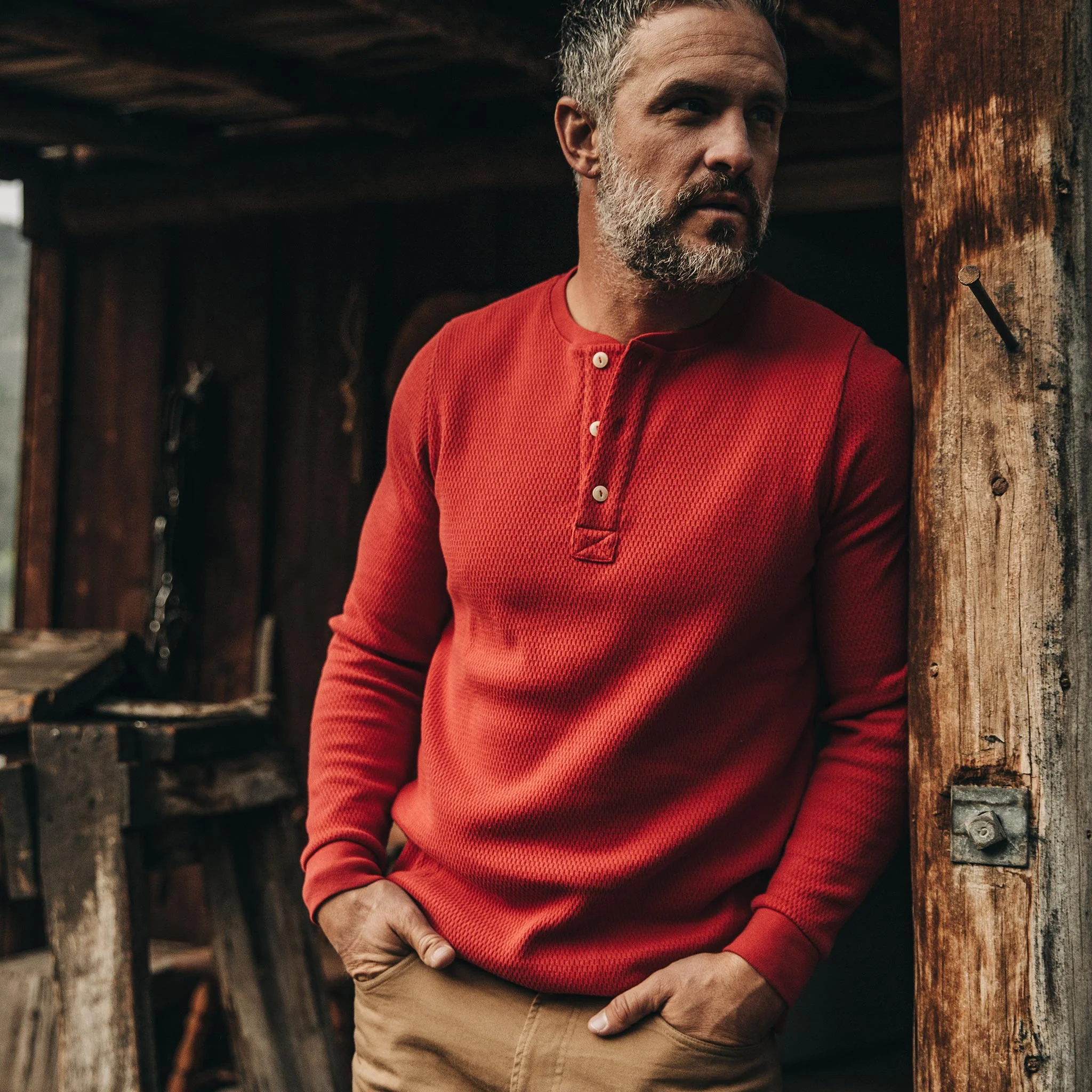 The Heavy Bag Waffle Henley in Cardinal - Image 2