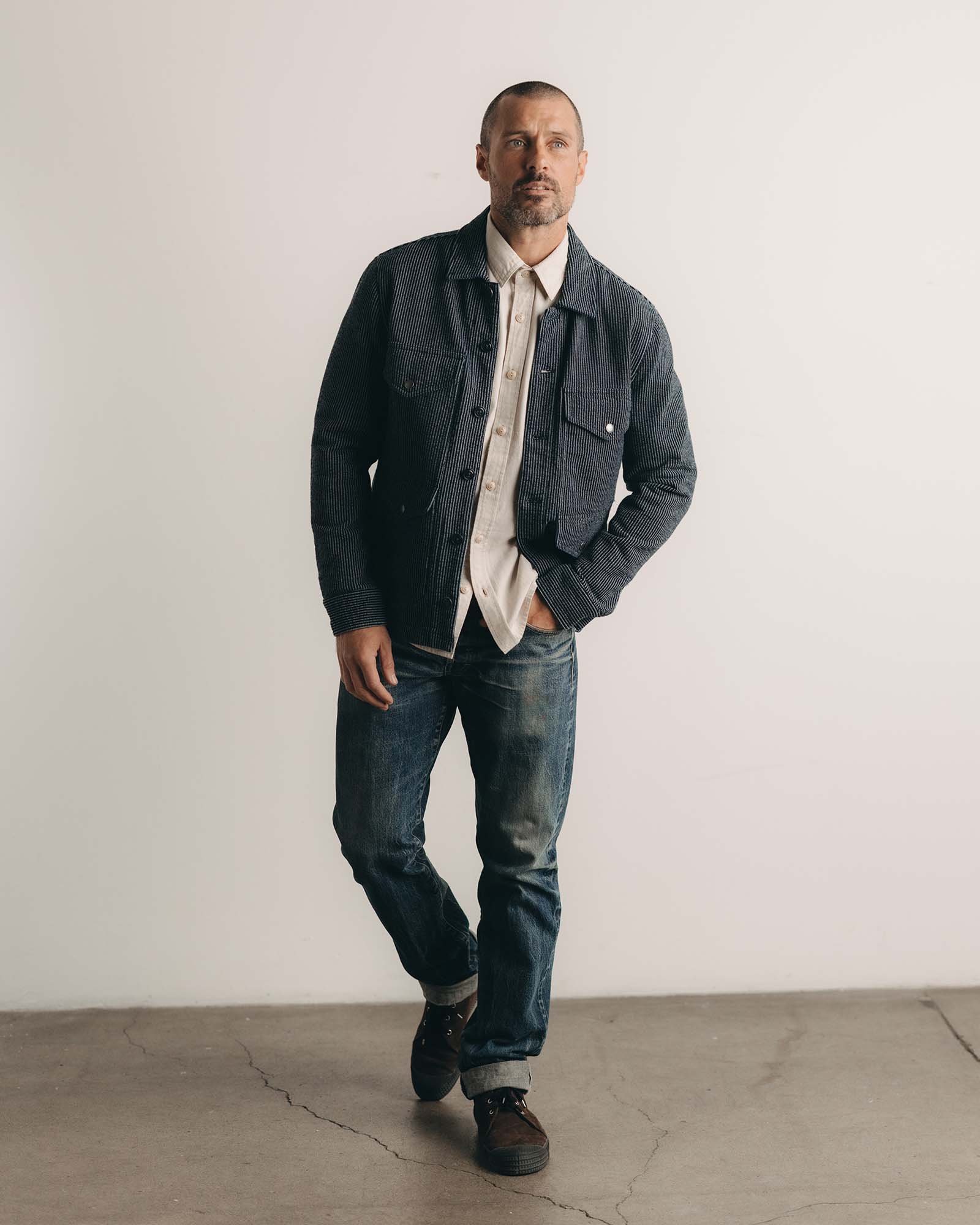 The Jackson Jacket in Rinsed Indigo French Terry Stripe - Image 3