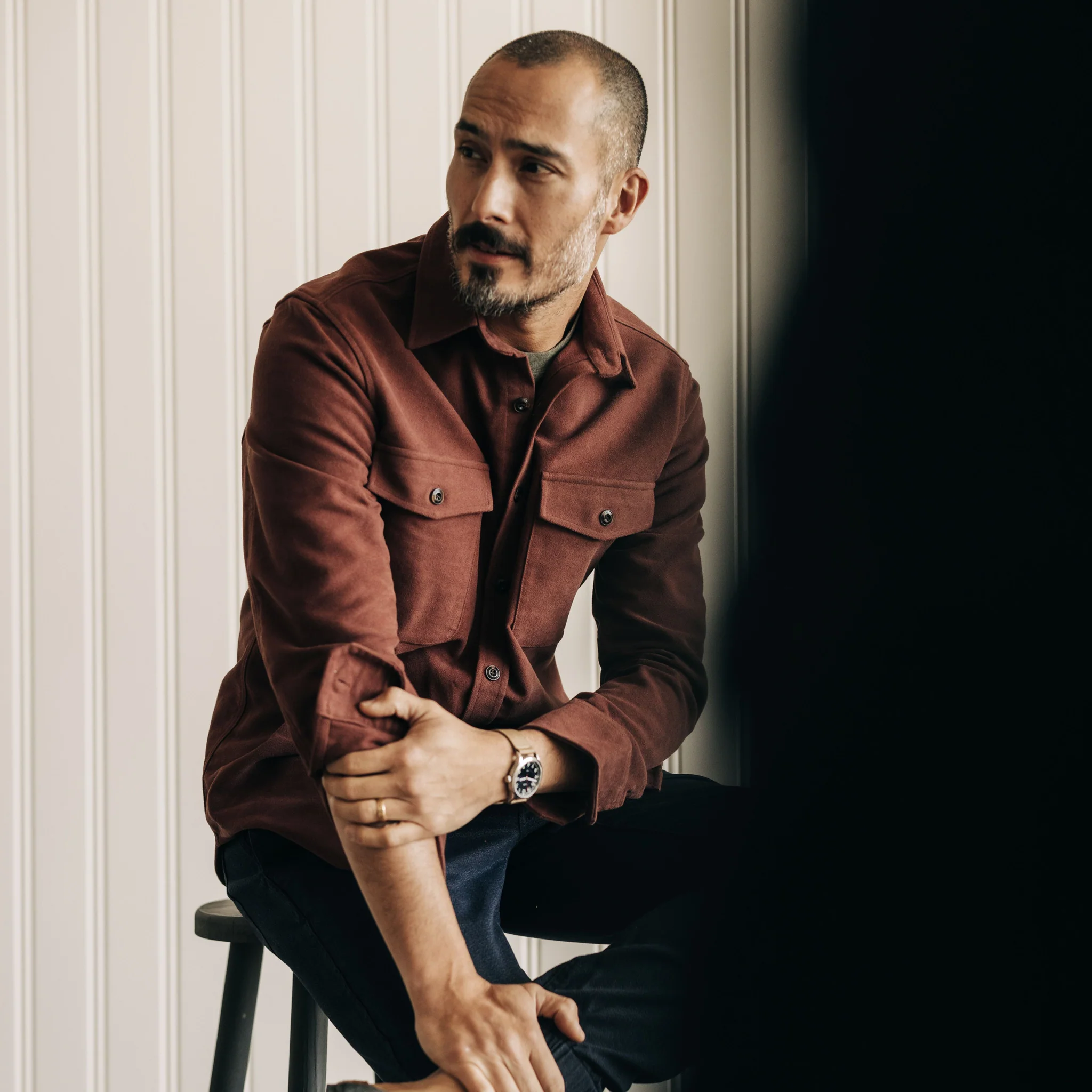 The Maritime Shirt Jacket in Black Cherry Moleskin - Image 4