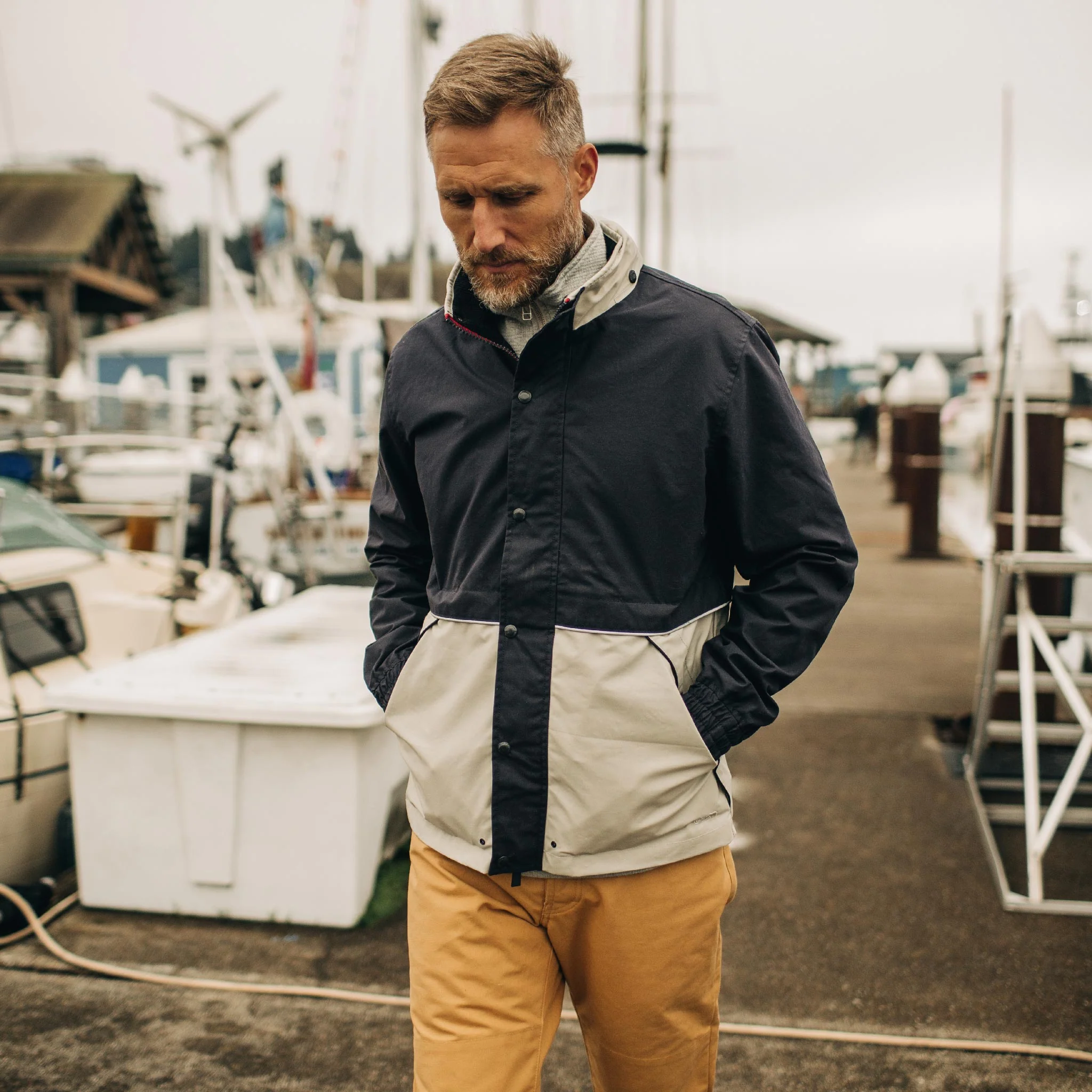 The Navigator Jacket in Natural and Navy Colorblock - Image 2