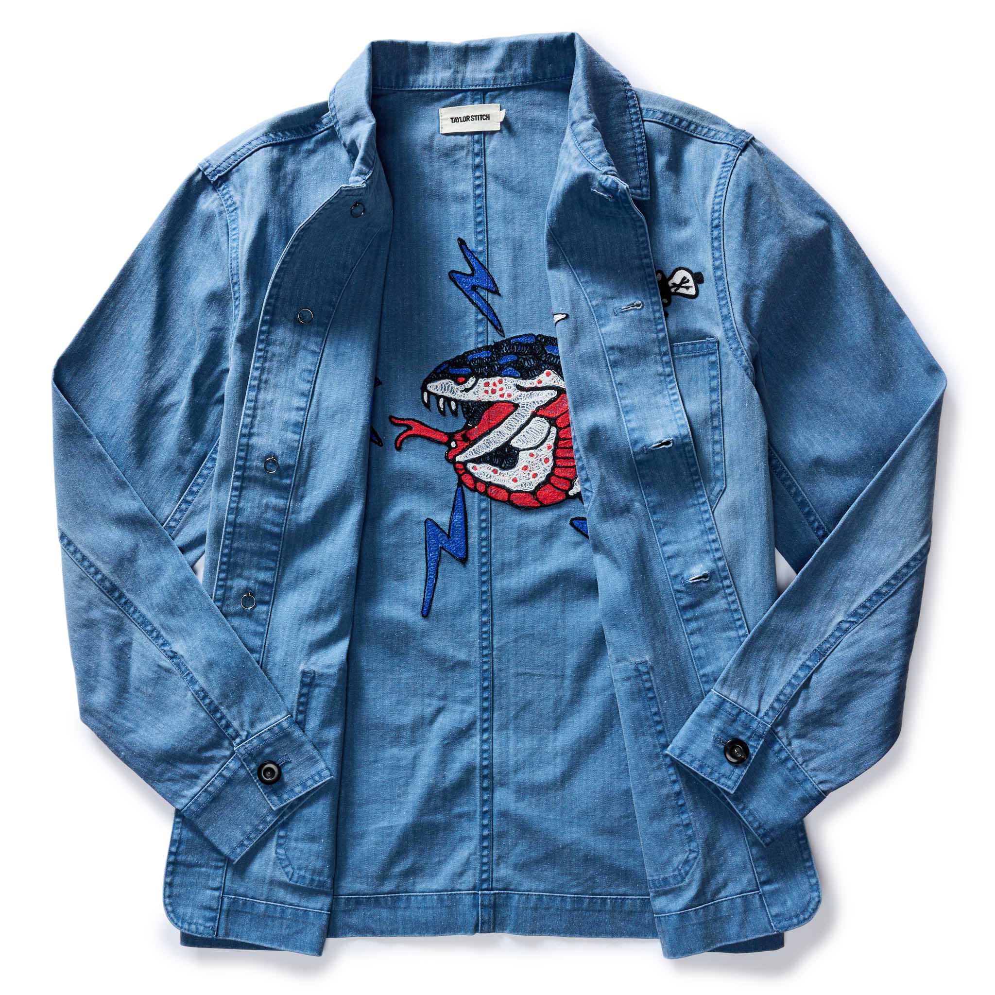 The Ojai Jacket in Embroidered French Blue Herringbone - Image 4