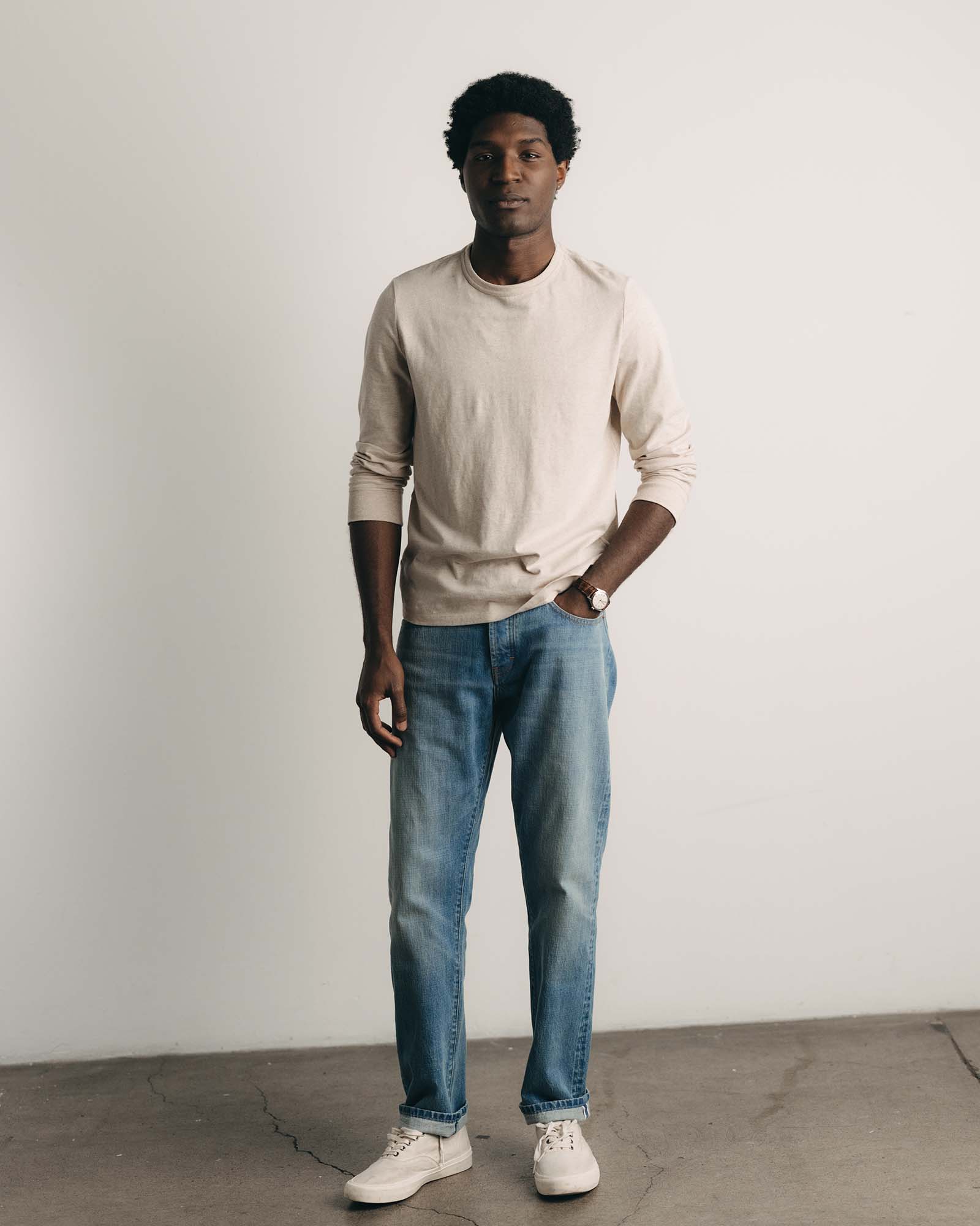 The Organic Cotton Long Sleeve Tee in Heather Oat - Image 3