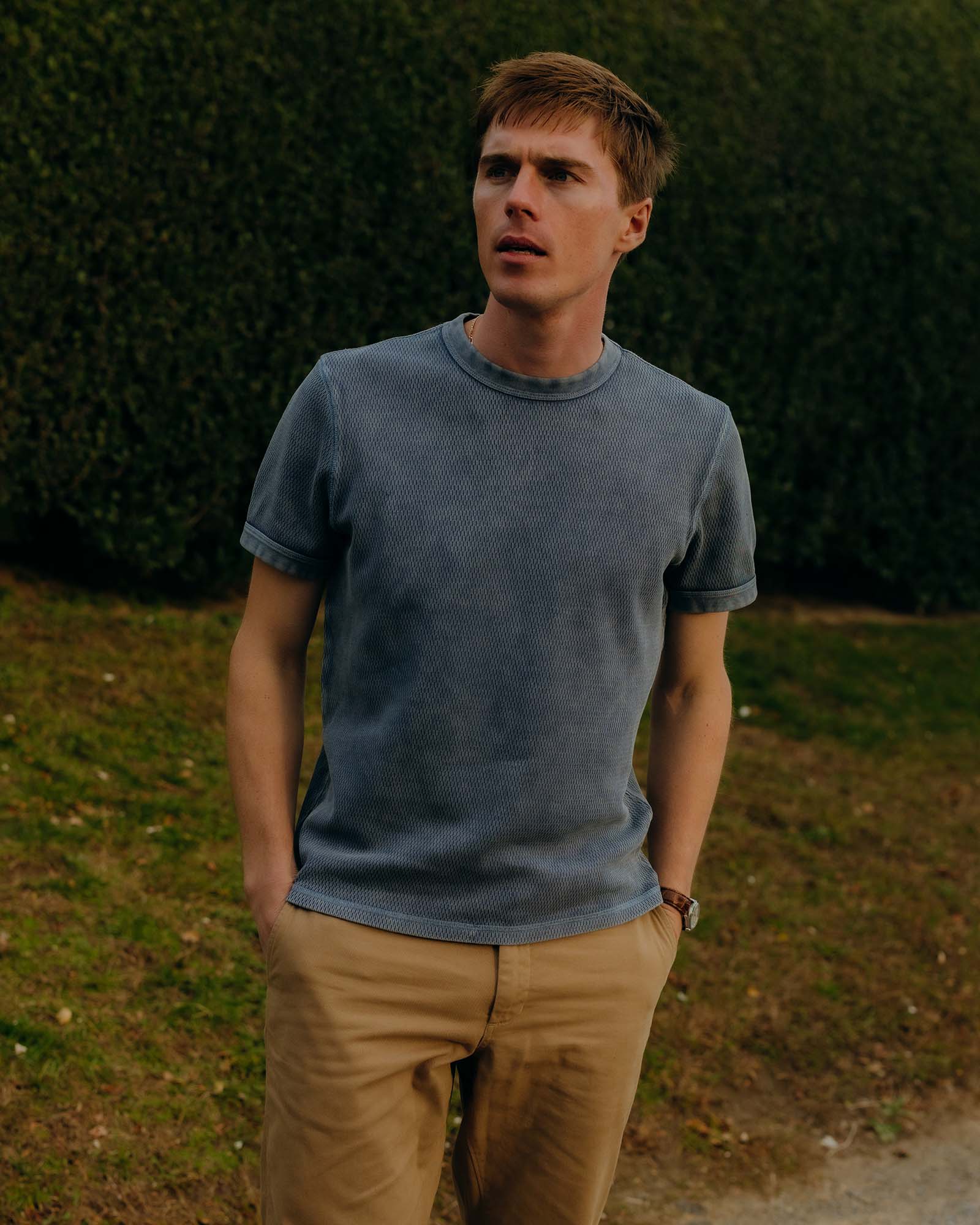 The Organic Cotton Short Sleeve Crew in Washed Blue Waffle - Image 2