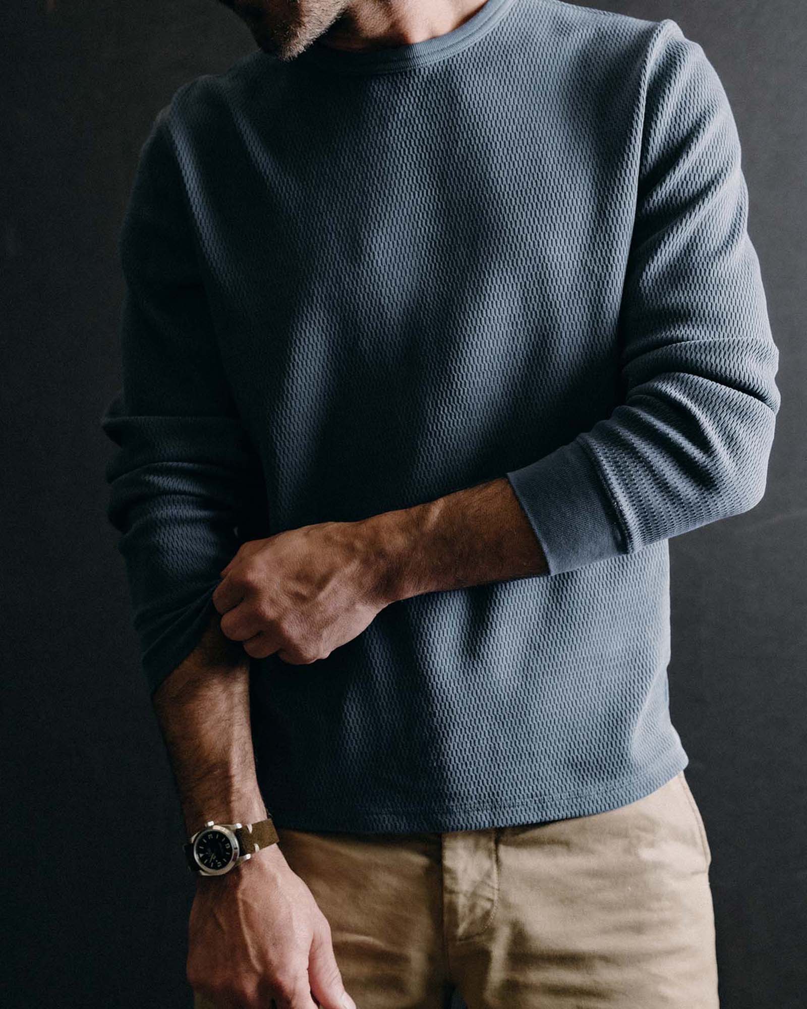 The Organic Cotton Crew in Washed Blue Waffle - Image 2