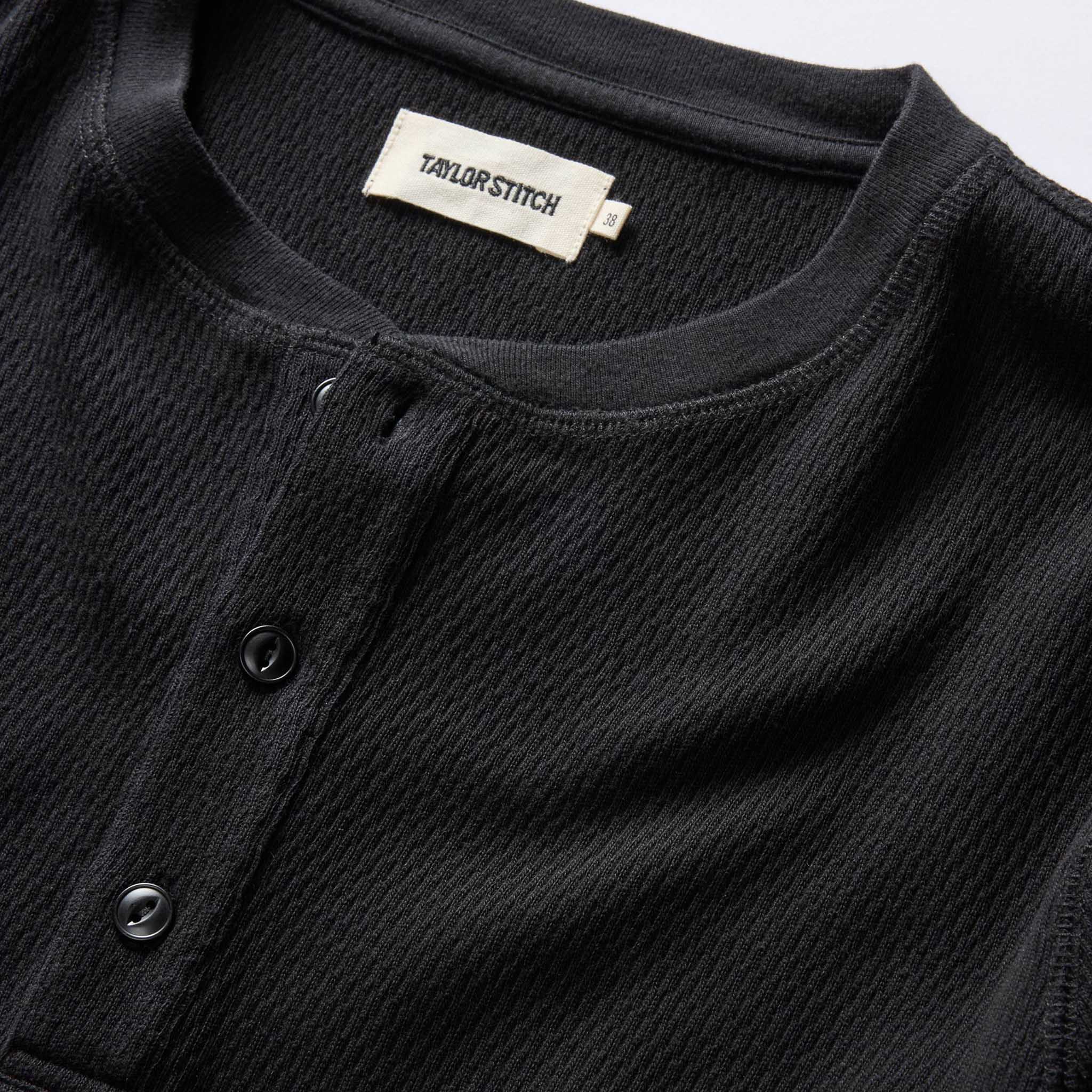 The Organic Cotton Waffle Henley in Faded Black - Image 5