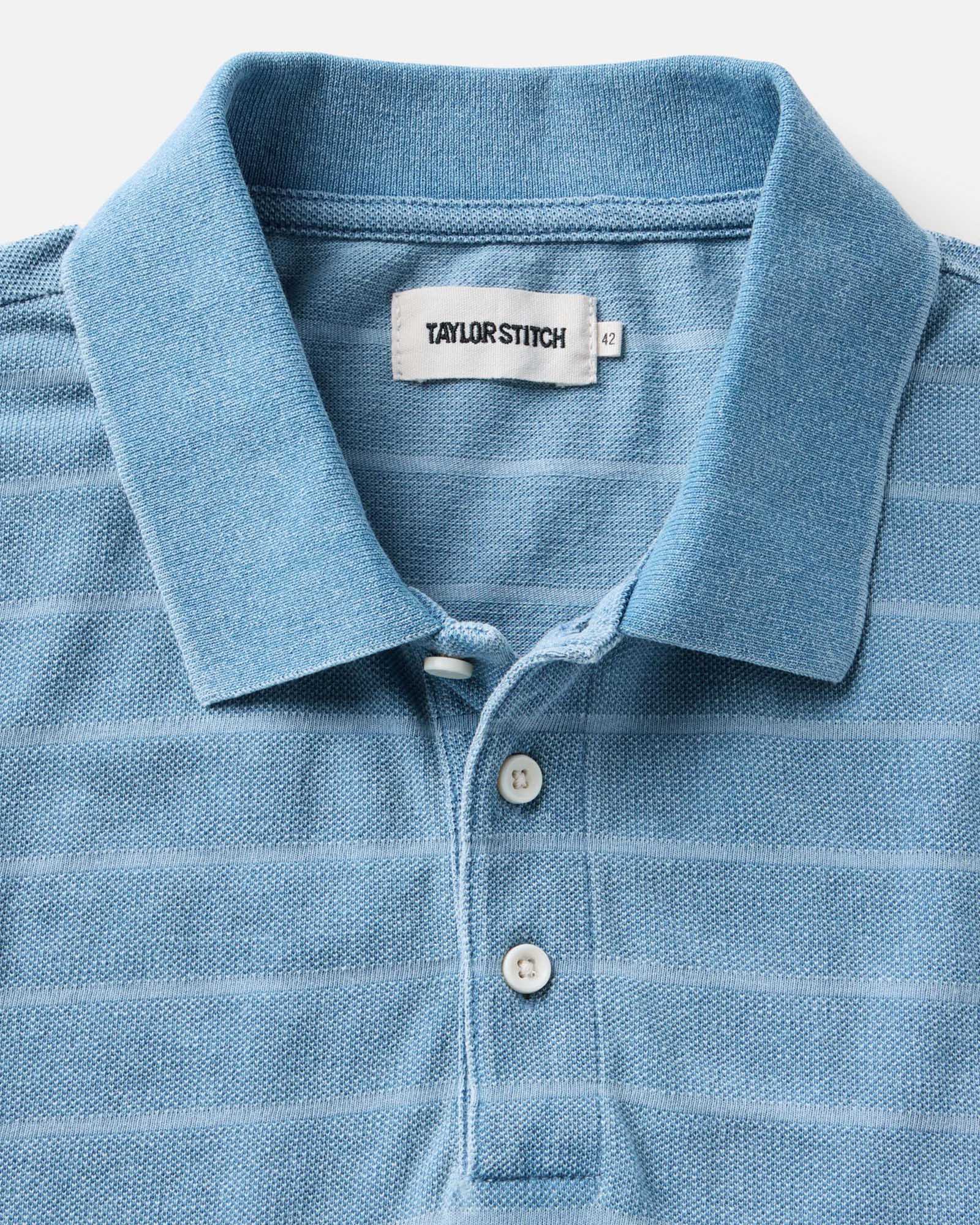 The Pacific Polo in Washed Indigo Pique Stripe - Image 4