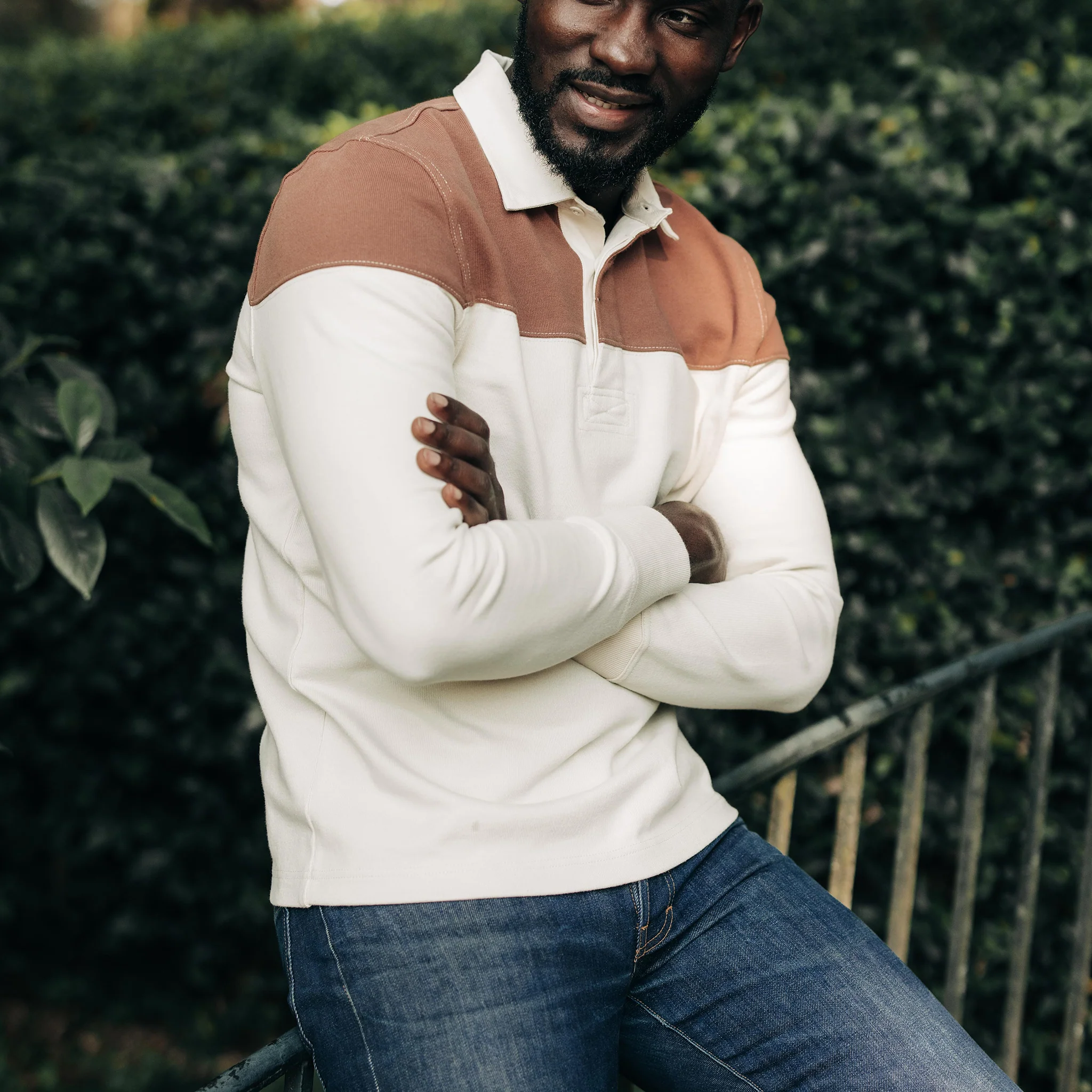 The Rugby Shirt in Mahogany and Natural Color Block - Image 2