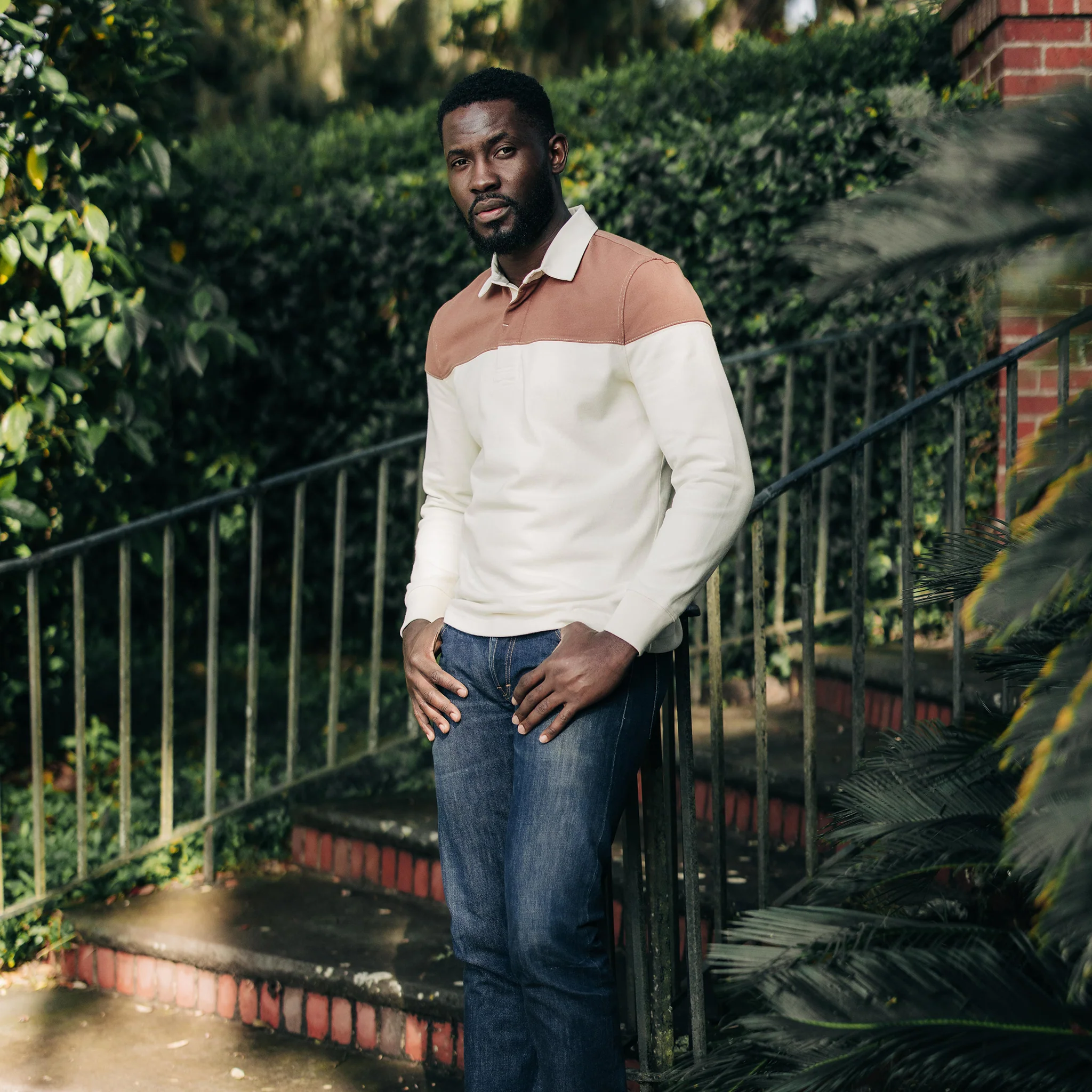 The Rugby Shirt in Mahogany and Natural Color Block - Image 4