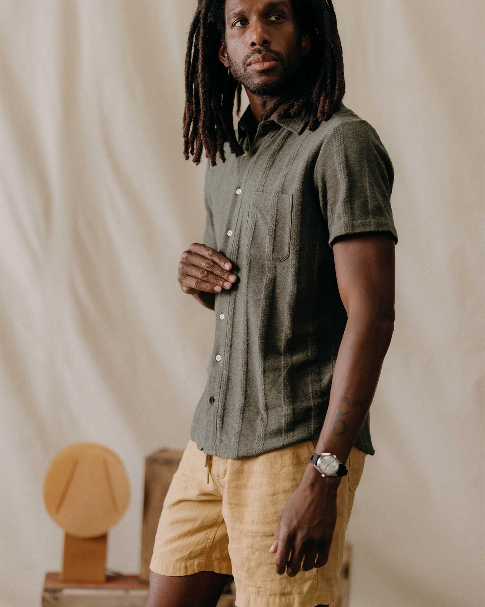 The Short Sleeve California in Heather Olive Pointelle Stripe - Image 3