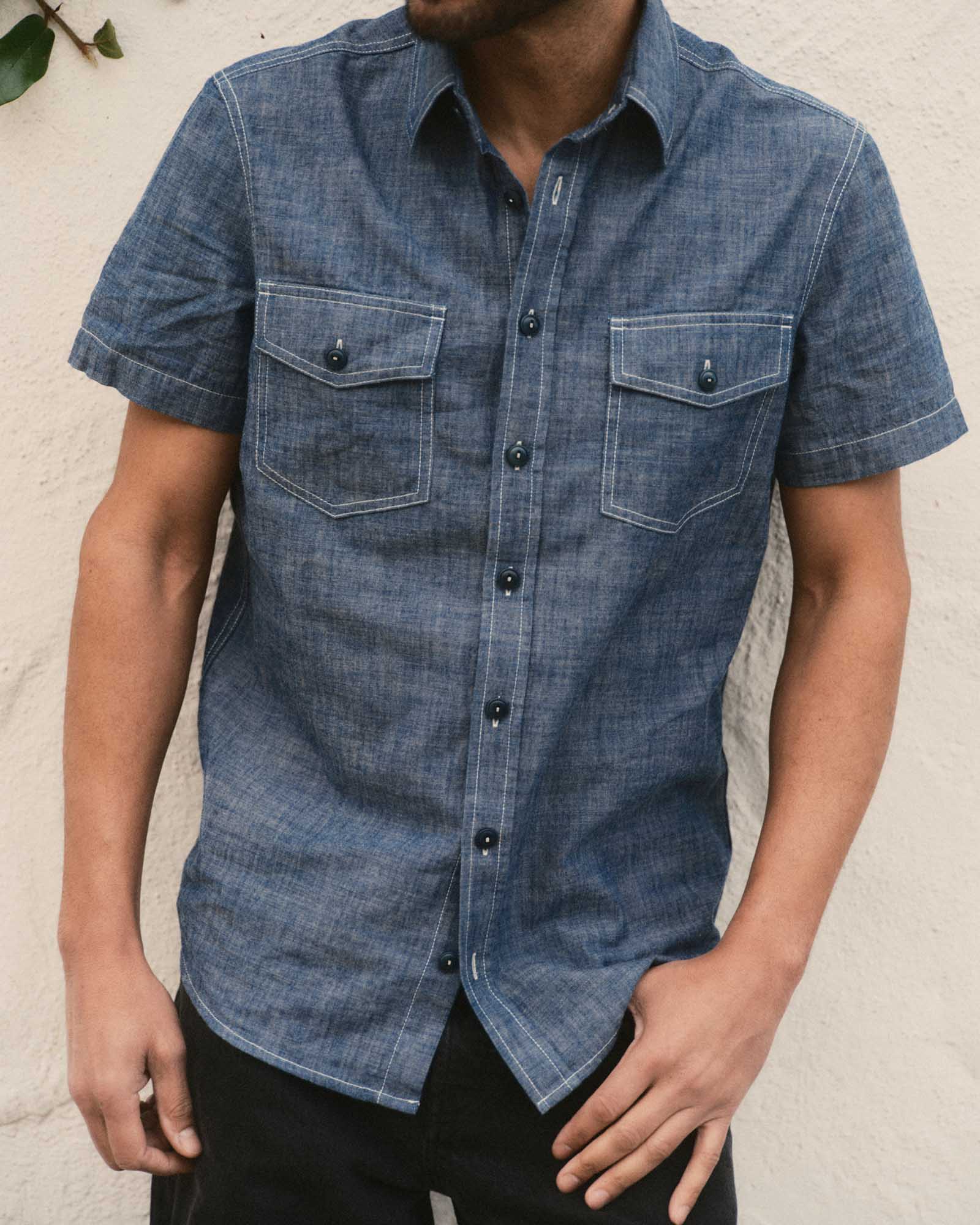 The Short Sleeve Crew Shirt in Washed Indigo Chambray - Image 2
