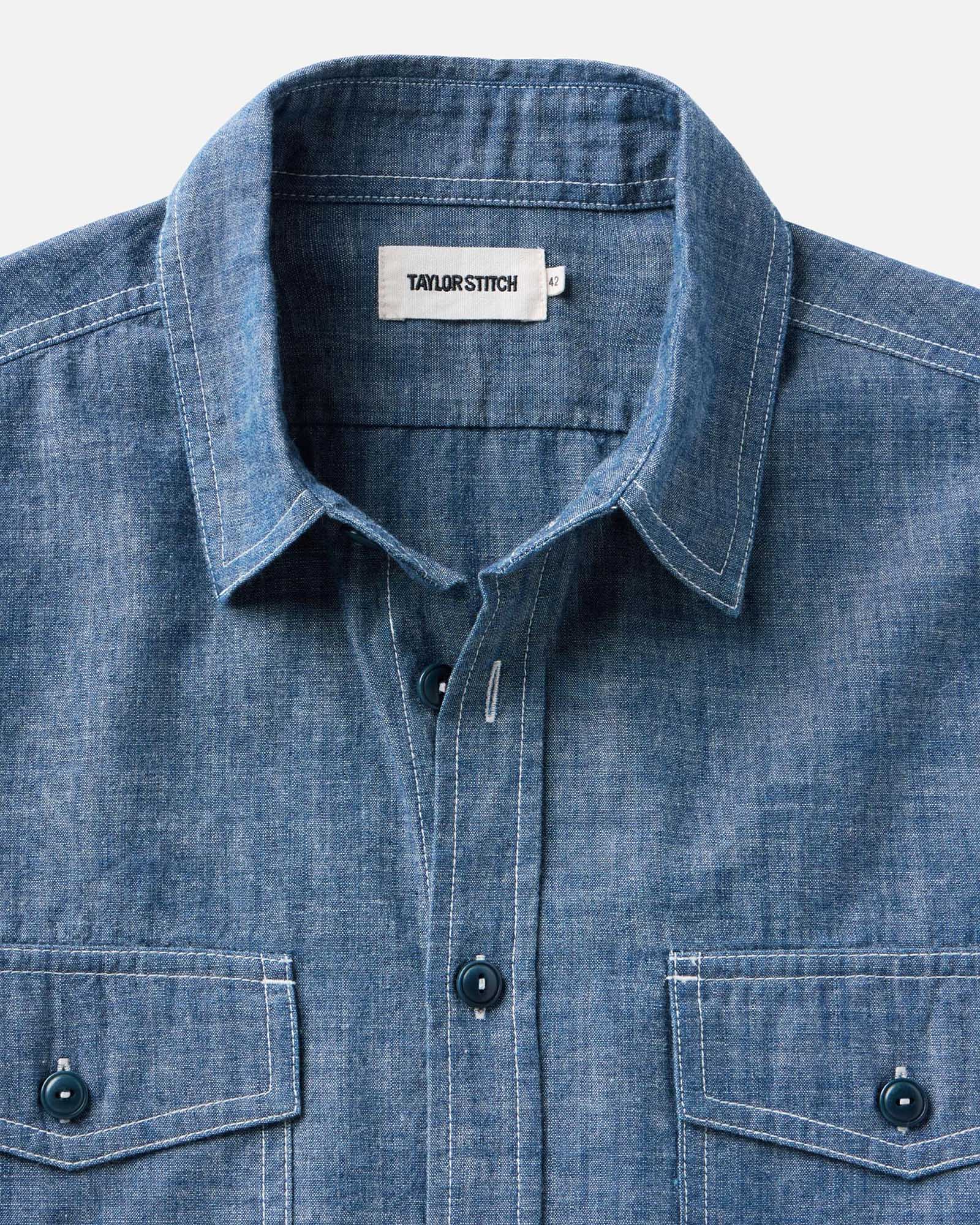 The Short Sleeve Crew Shirt in Washed Indigo Chambray - Image 3