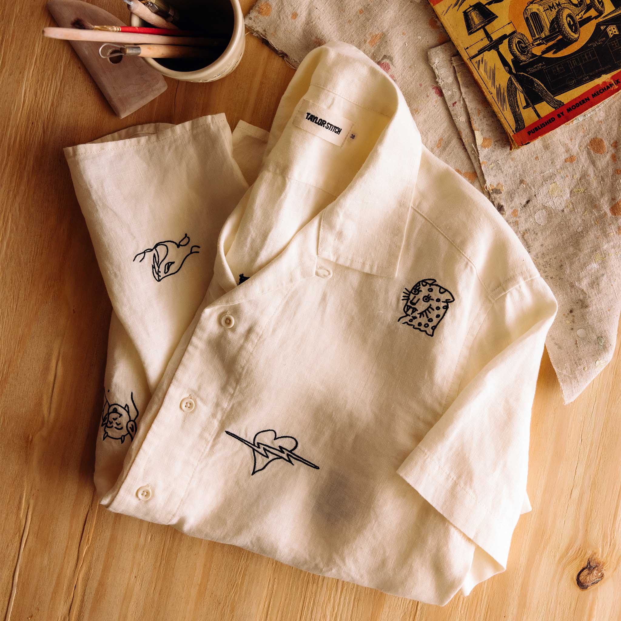 The Short Sleeve Davis Shirt in Embroidered Natural - Image 2