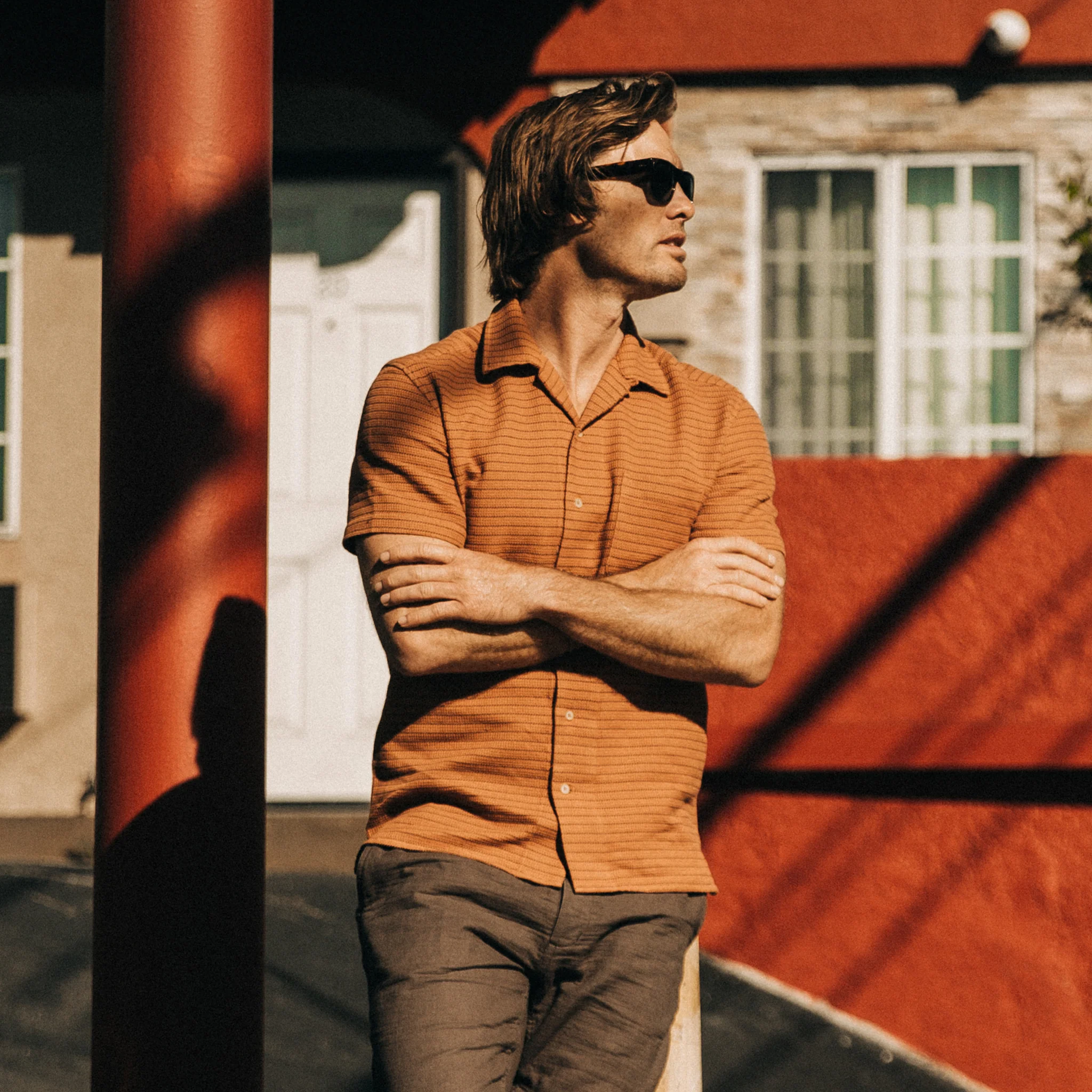 The Short Sleeve Hawthorne in Rust Pickstitch Waffle - Image 2