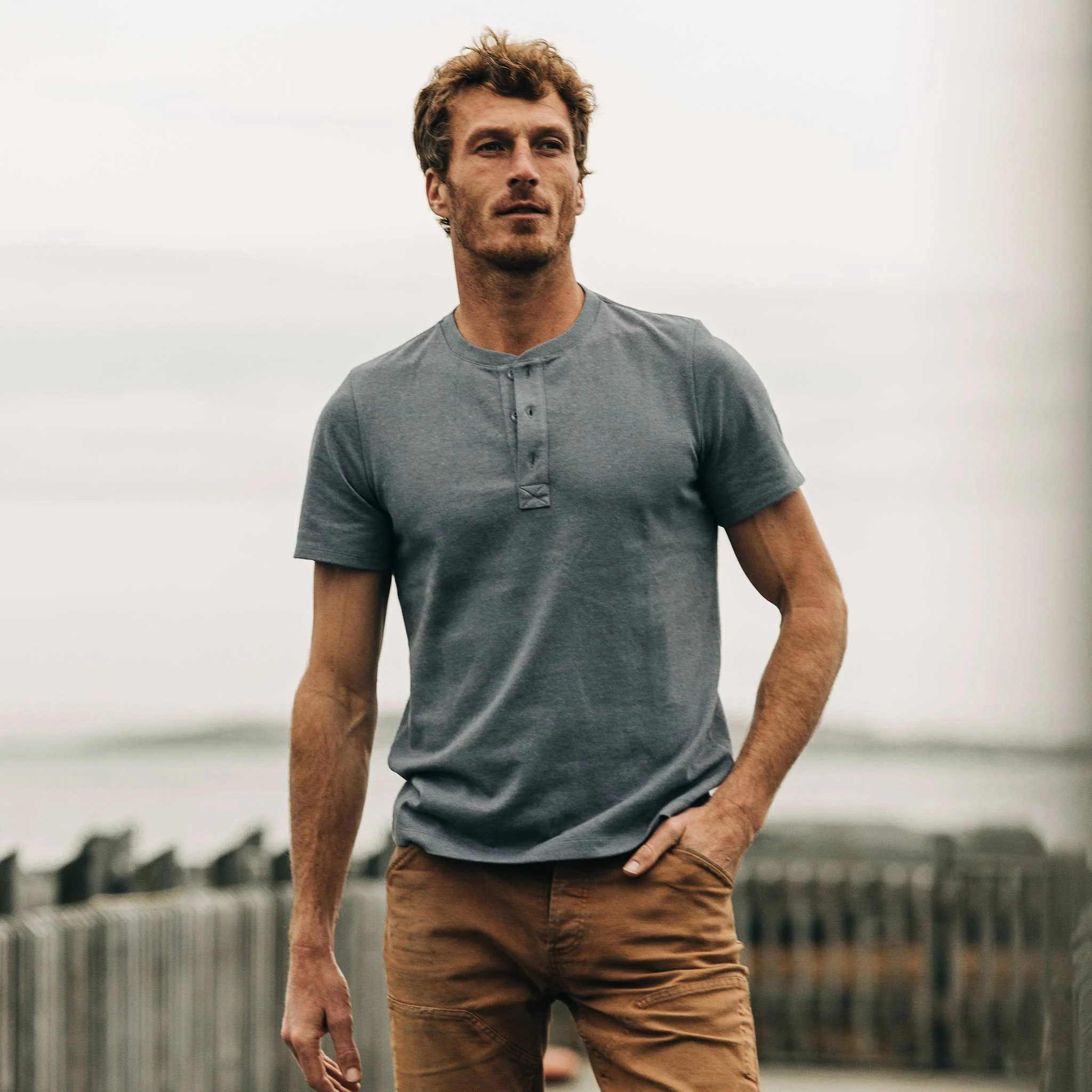 The Short Sleeve Heavy Bag Henley in Atlantic Blue - Image 2