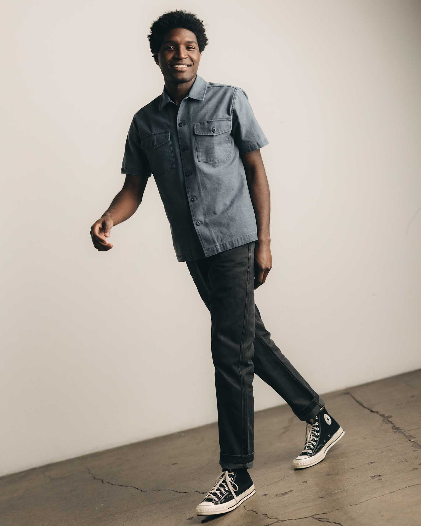The Short Sleeve Surplus Shirt in Navy Reverse Sateen - Image 3