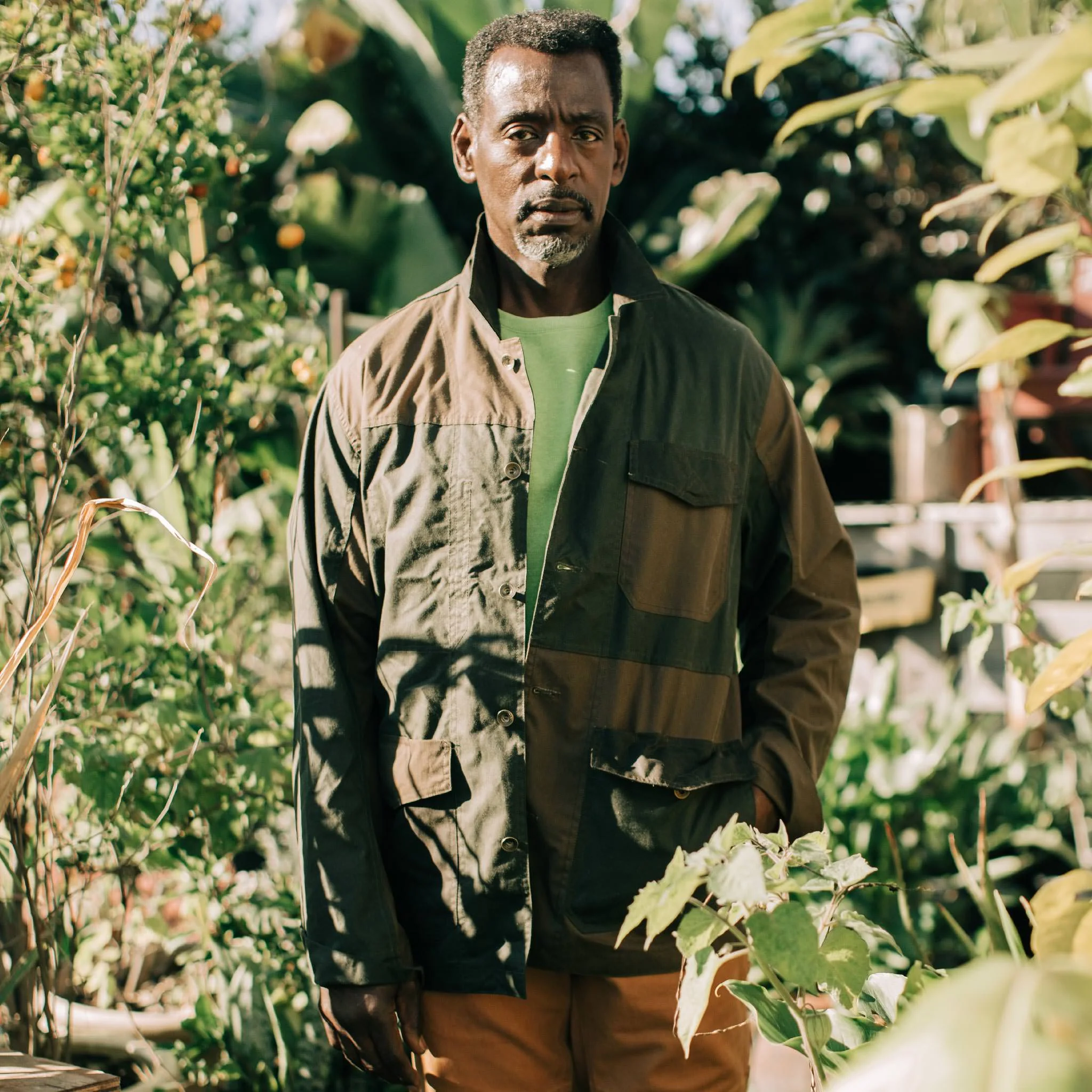 The Task Jacket in Waxed Khaki and Olive Patchwork - Image 2