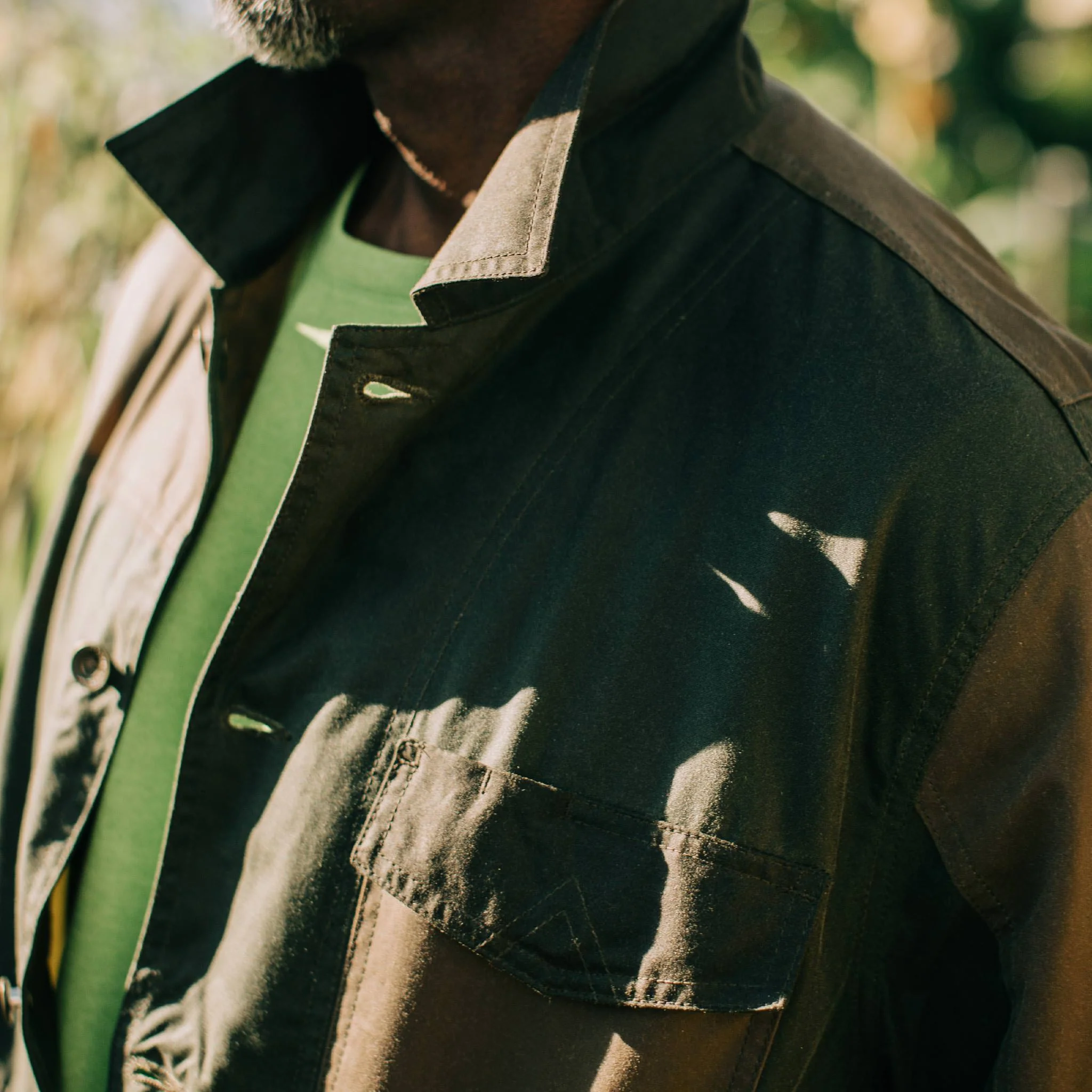 The Task Jacket in Waxed Khaki and Olive Patchwork - Image 3