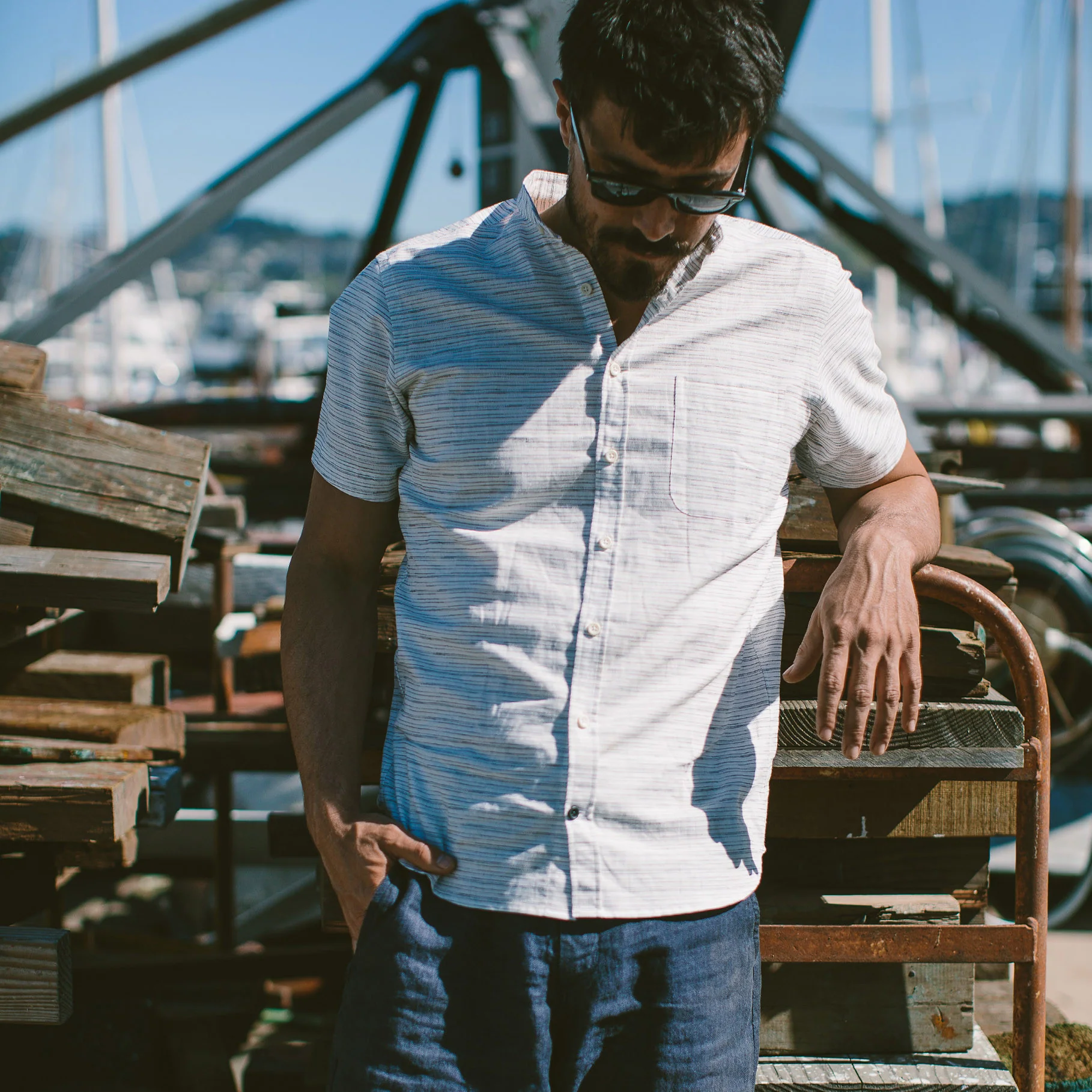 The Bandit in White & Navy Slub Stripe - Image 5