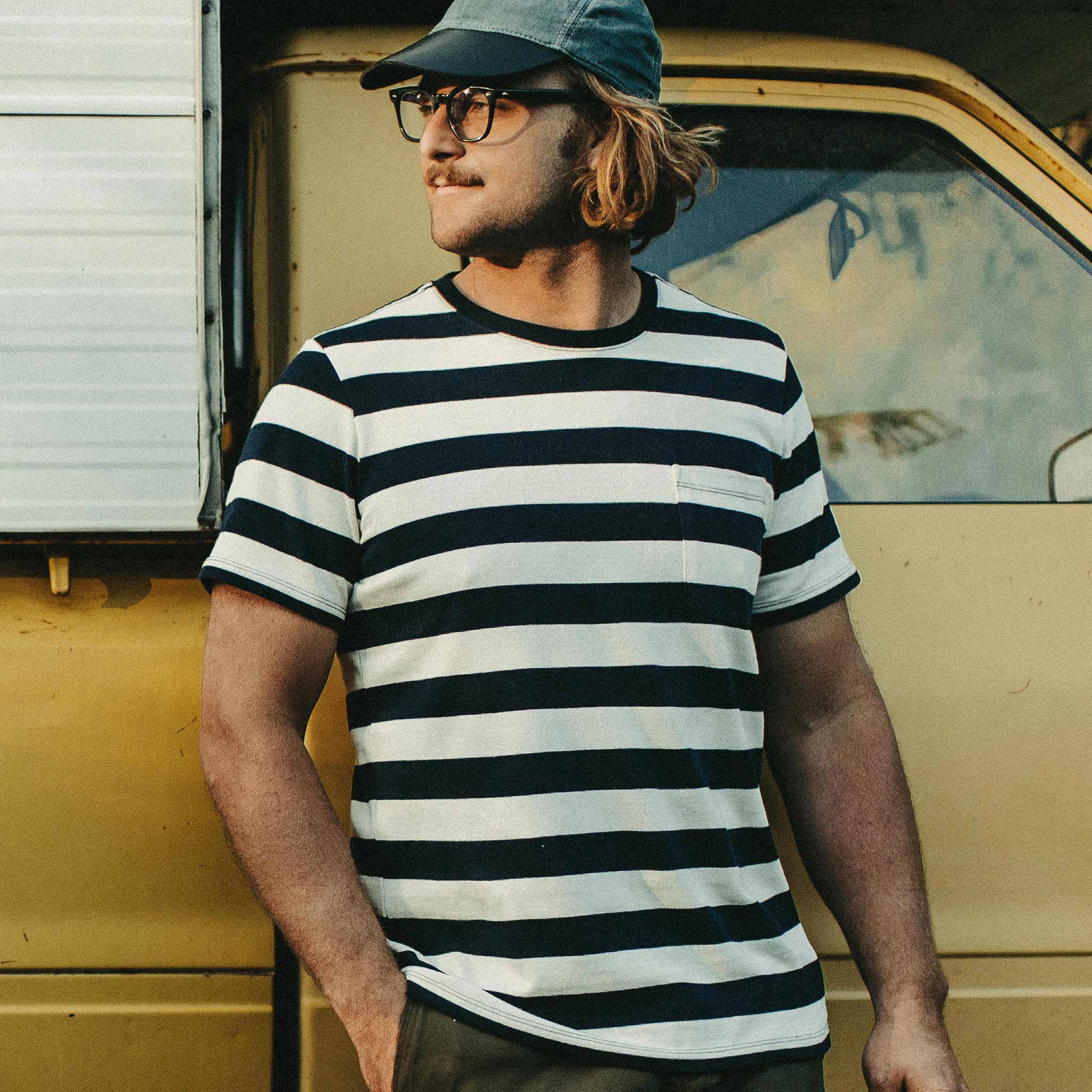 The Heavy Bag Tee in Natural & Navy Rugby Stripe - Image 3