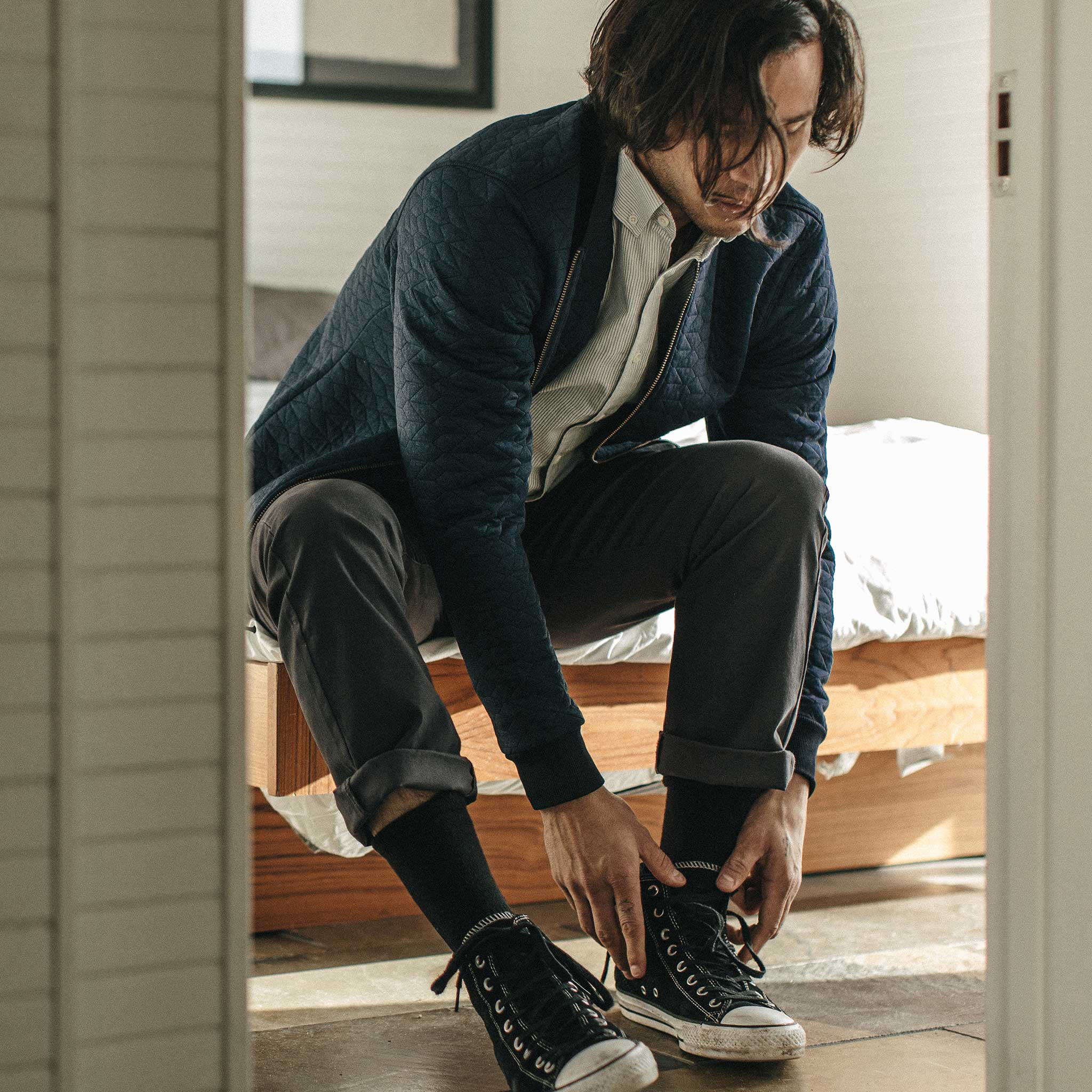 The Inverness Bomber in Navy Knit Quilt - Image 2