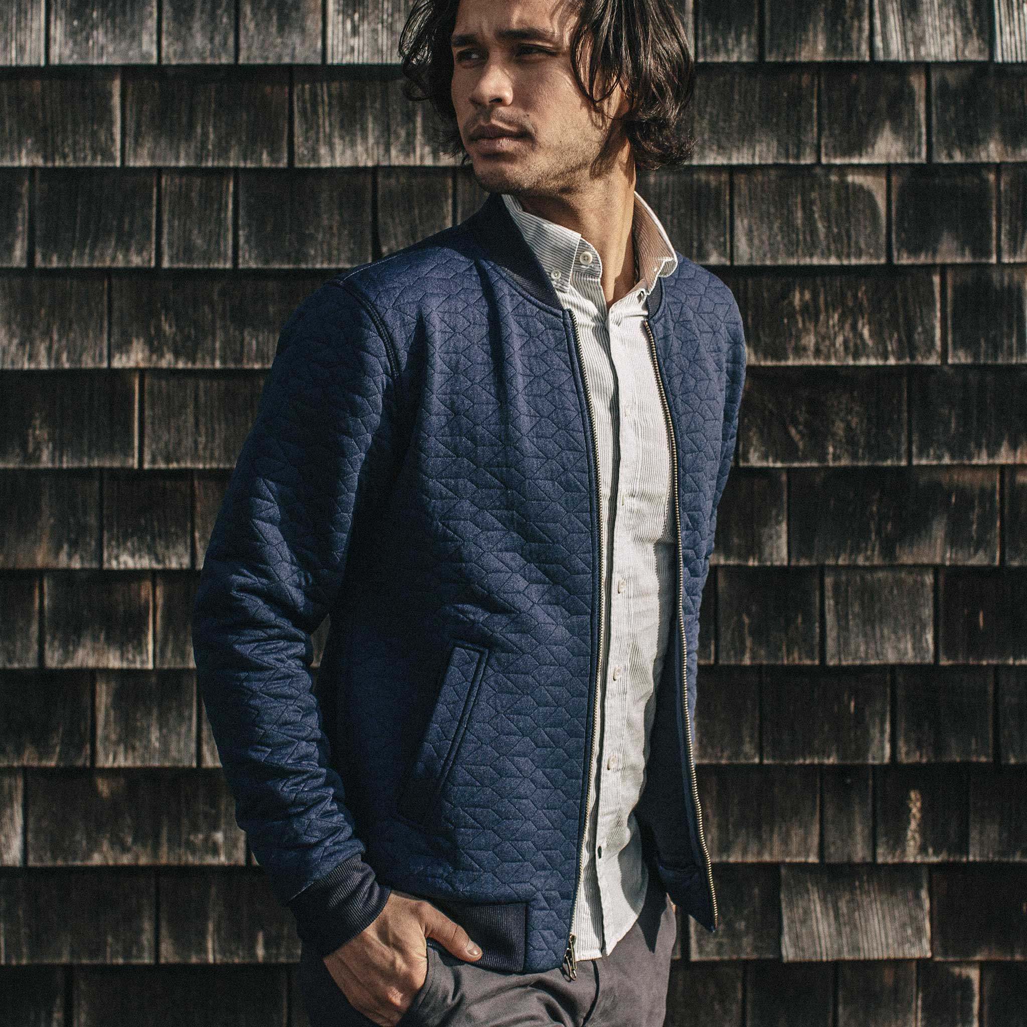 The Inverness Bomber in Navy Knit Quilt - Image 4