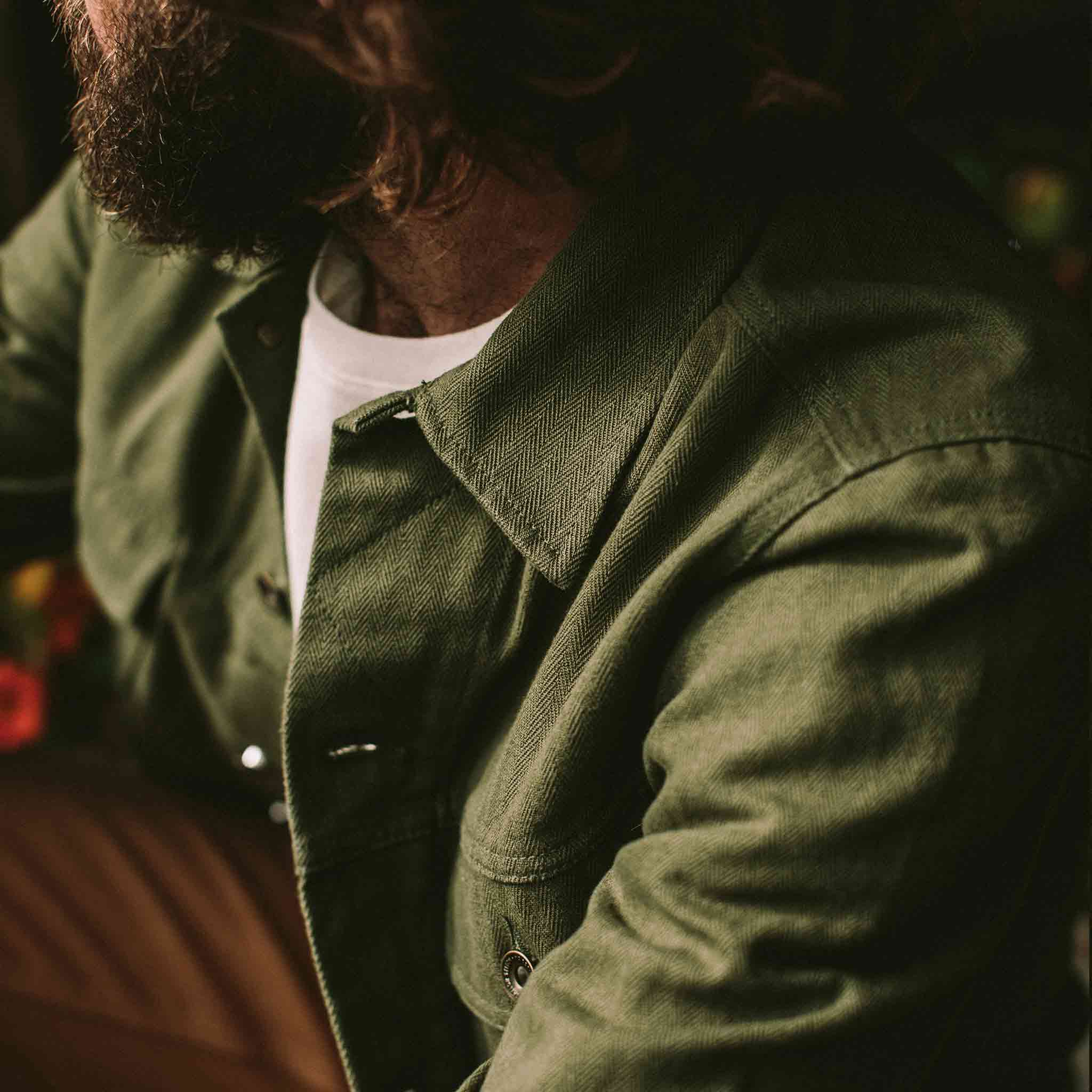 The Long Haul Jacket in Washed Olive Herringbone - Image 3