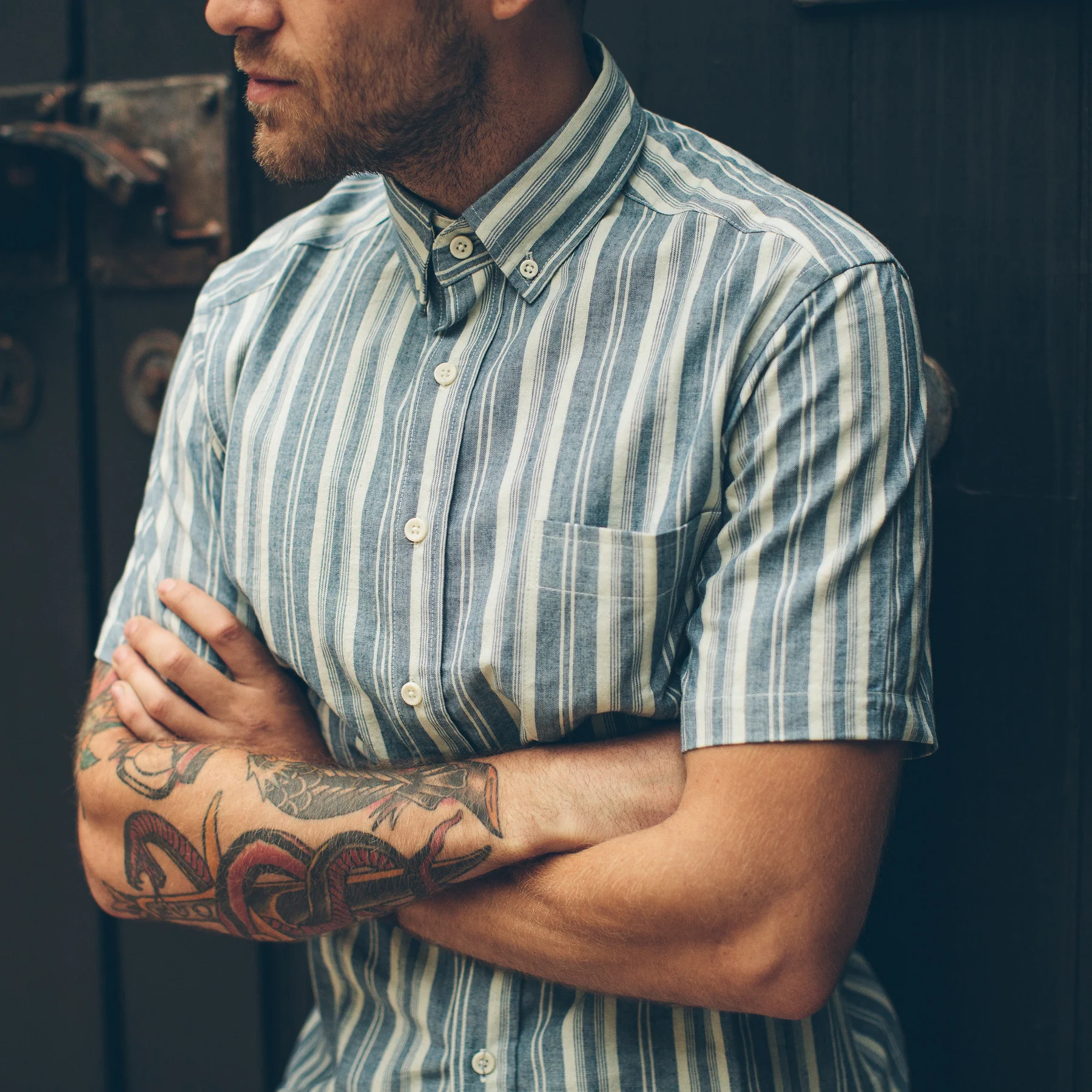 The Short Sleeve California in Blue Striped Chambray - Image 5